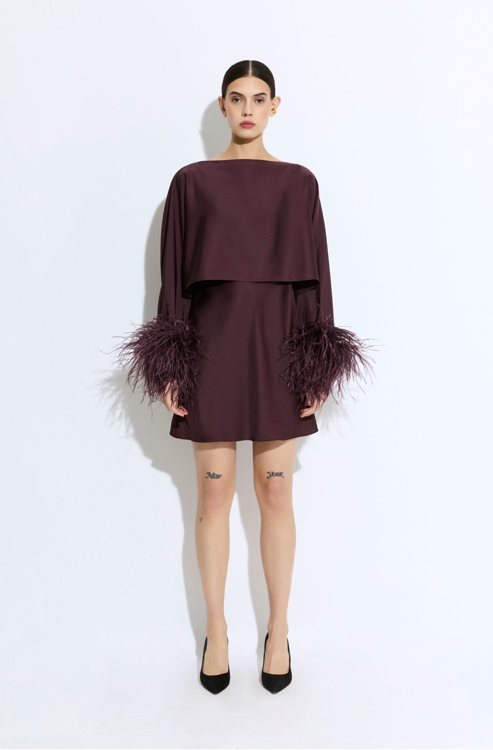 LAPOINTE Lightweight Satin Layered Mini Dress With Feathers | Mulberry / 6 LAPOINTE Lightweight Satin Layered Mini Dress With Feathers | Mulberry / 6