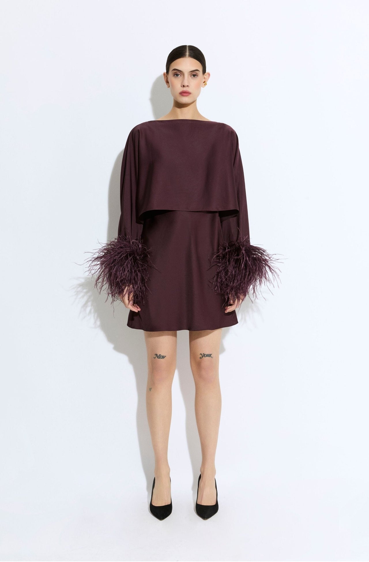 Lightweight Satin Layered Mini Dress With Feathers
