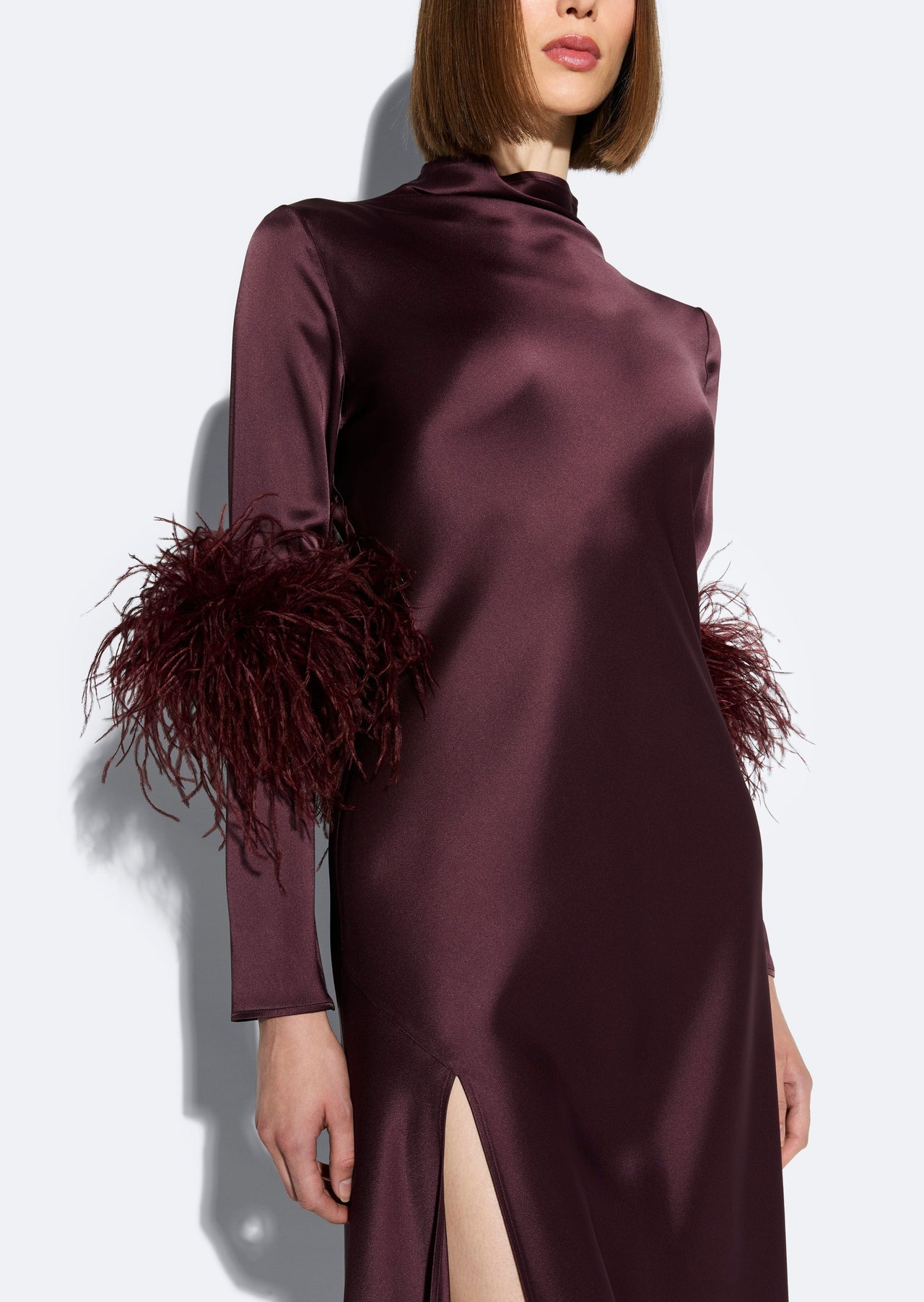 Satin Draped Neck Bias Dress With Feathers