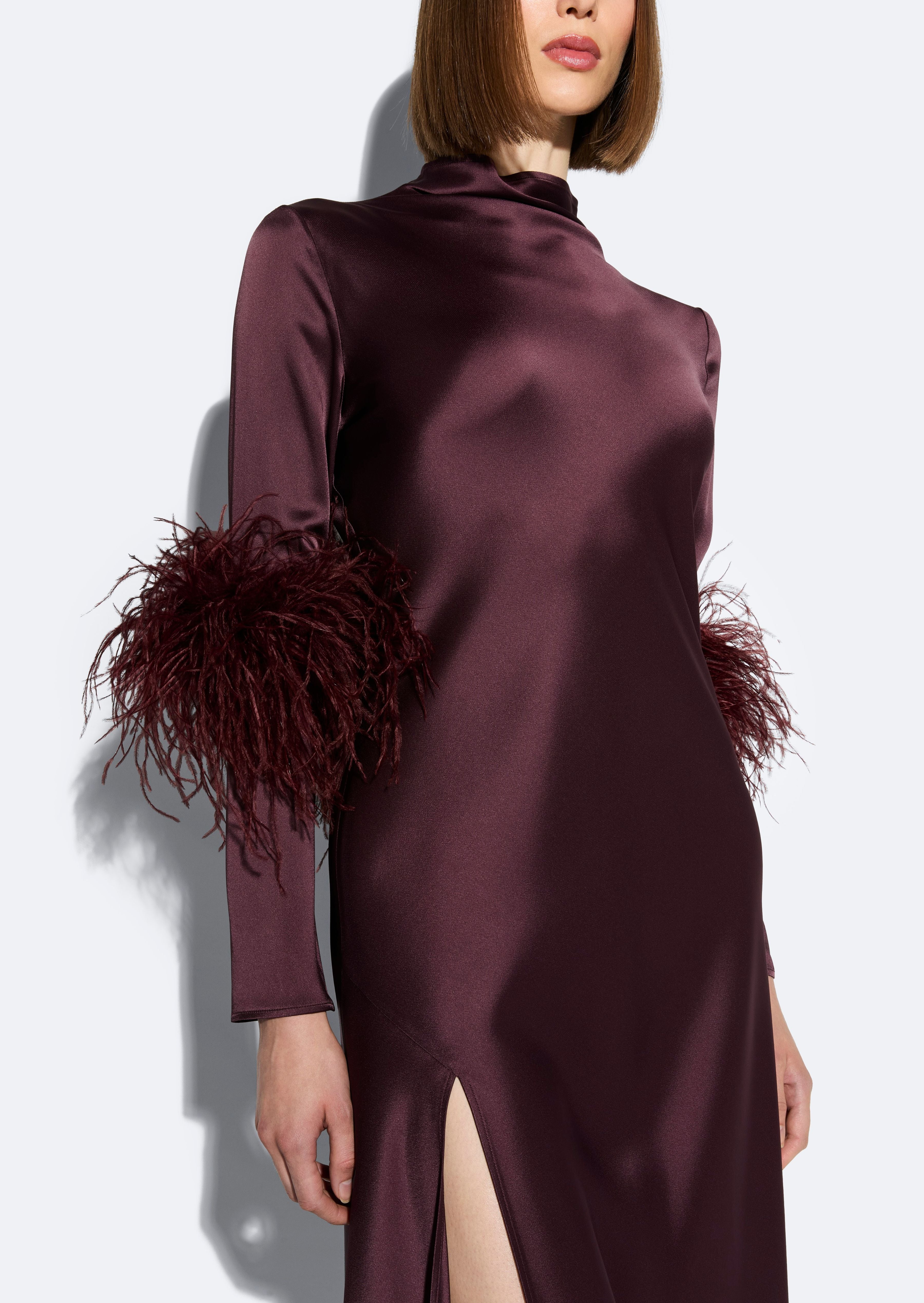 Satin Draped Neck Bias Dress With Feathers