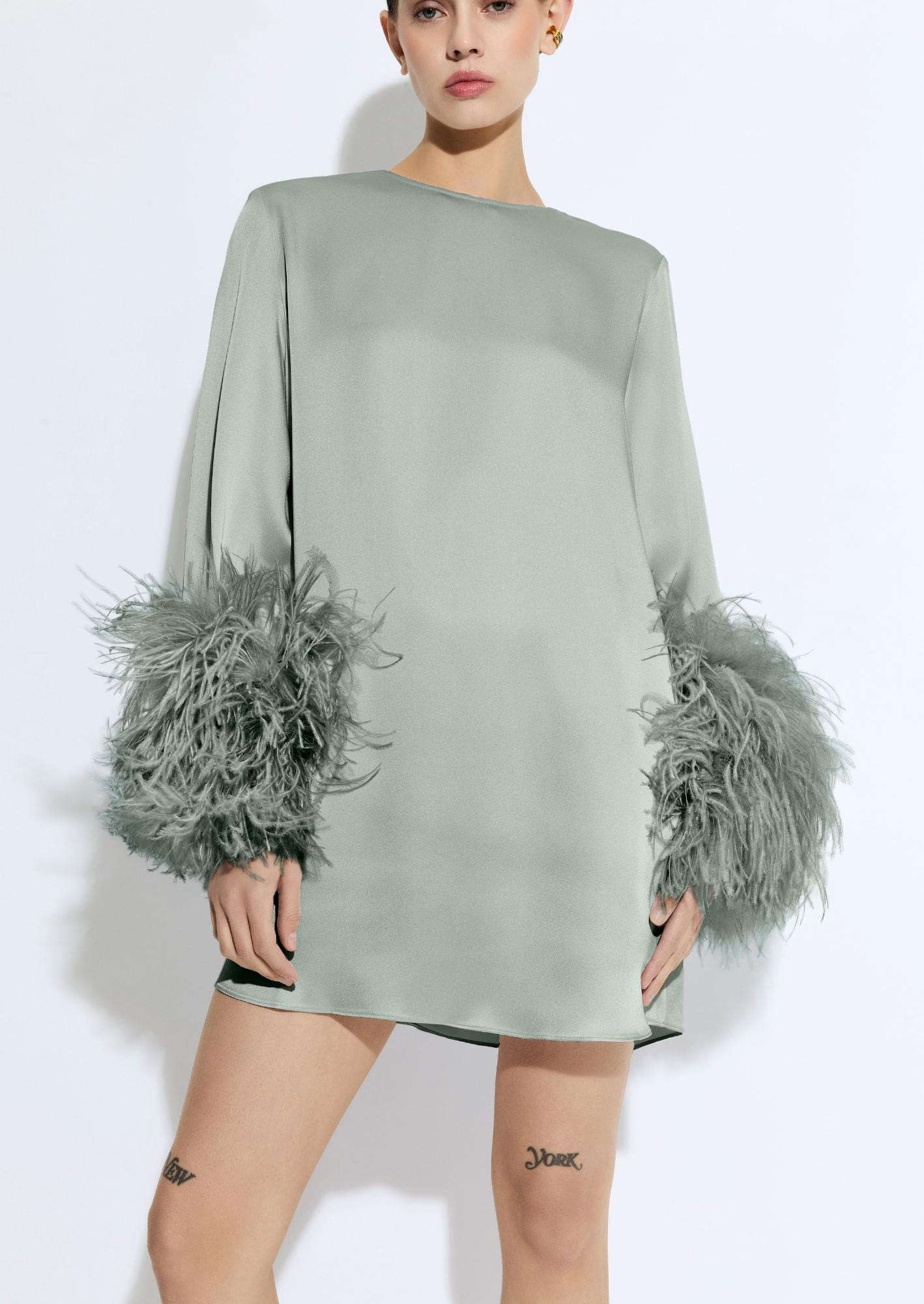 Satin Shift Dress With Feathers