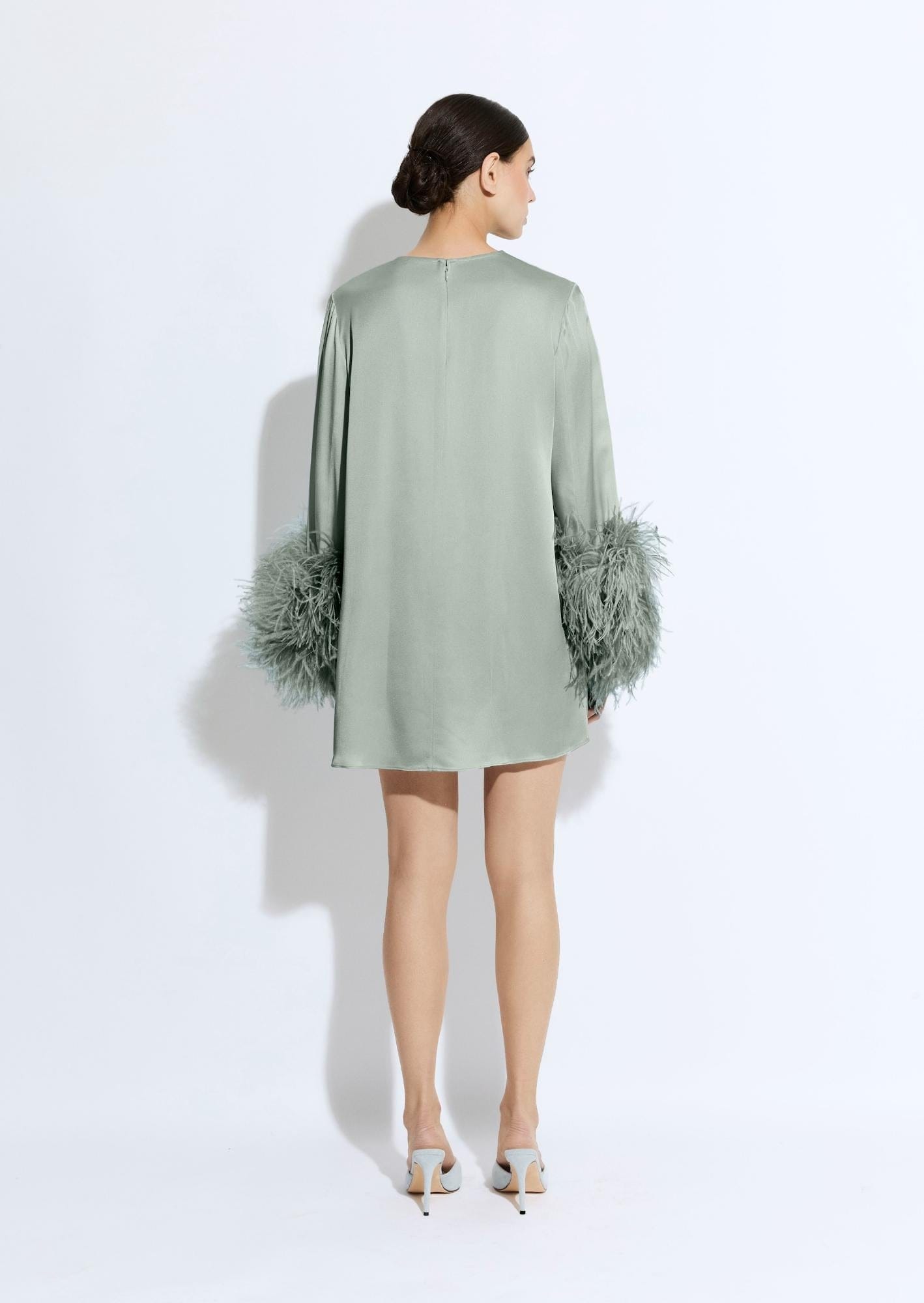 Satin Shift Dress With Feathers