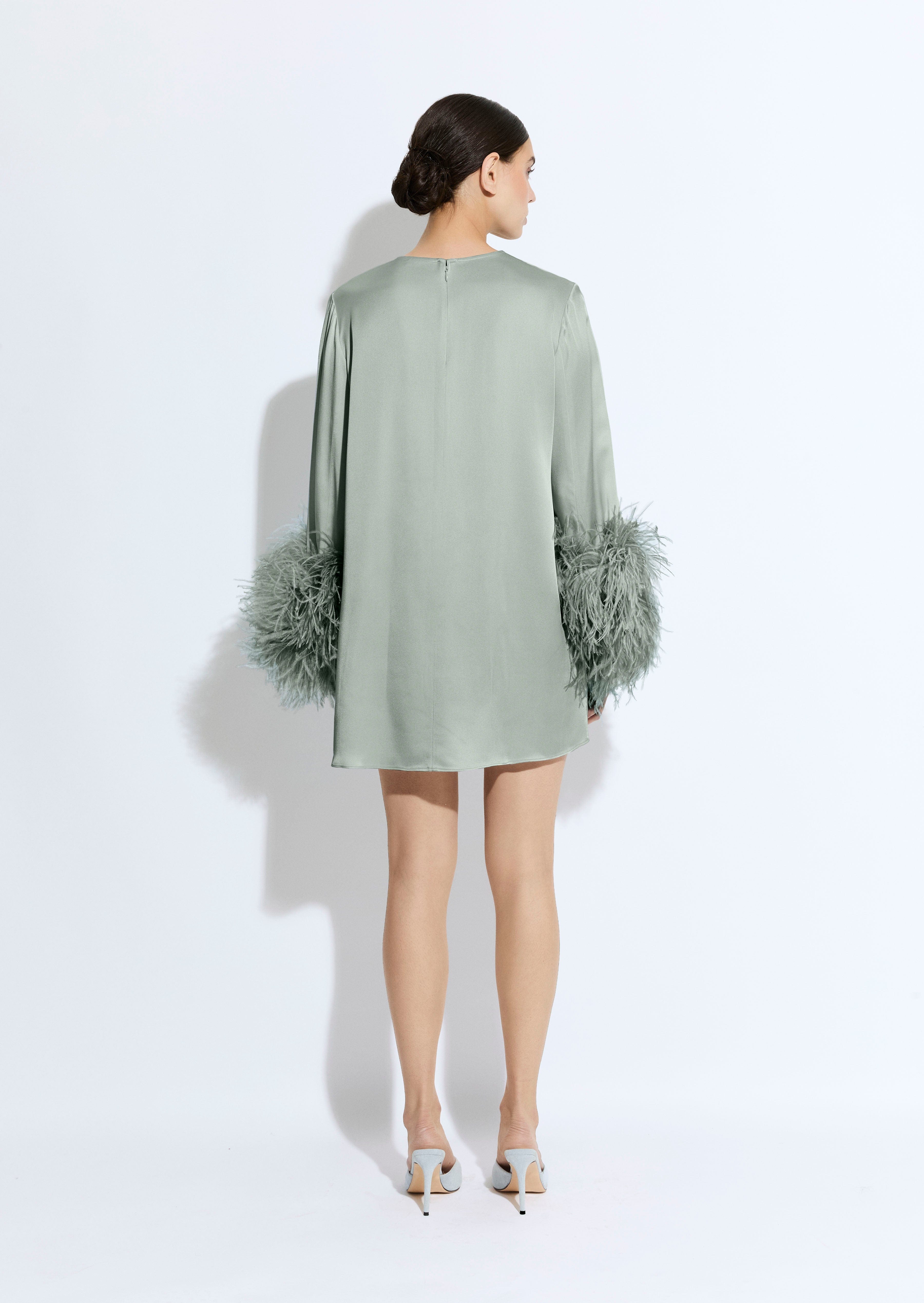 Satin Shift Dress With Feathers