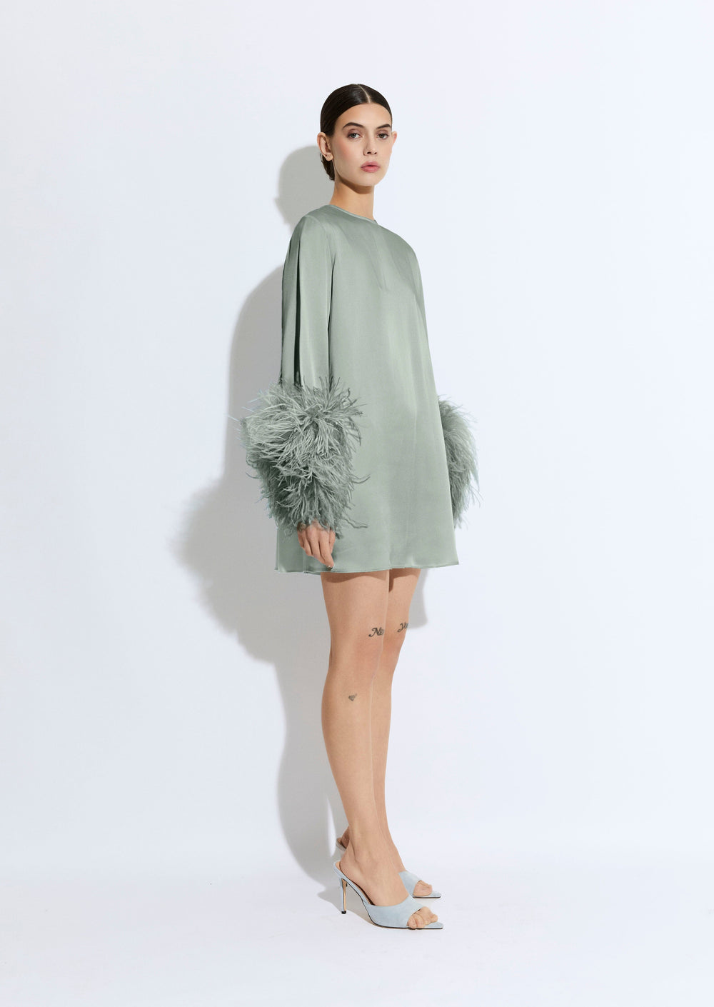 salad dressing green goddess Satin Dress With Feathers in Dark green Green
