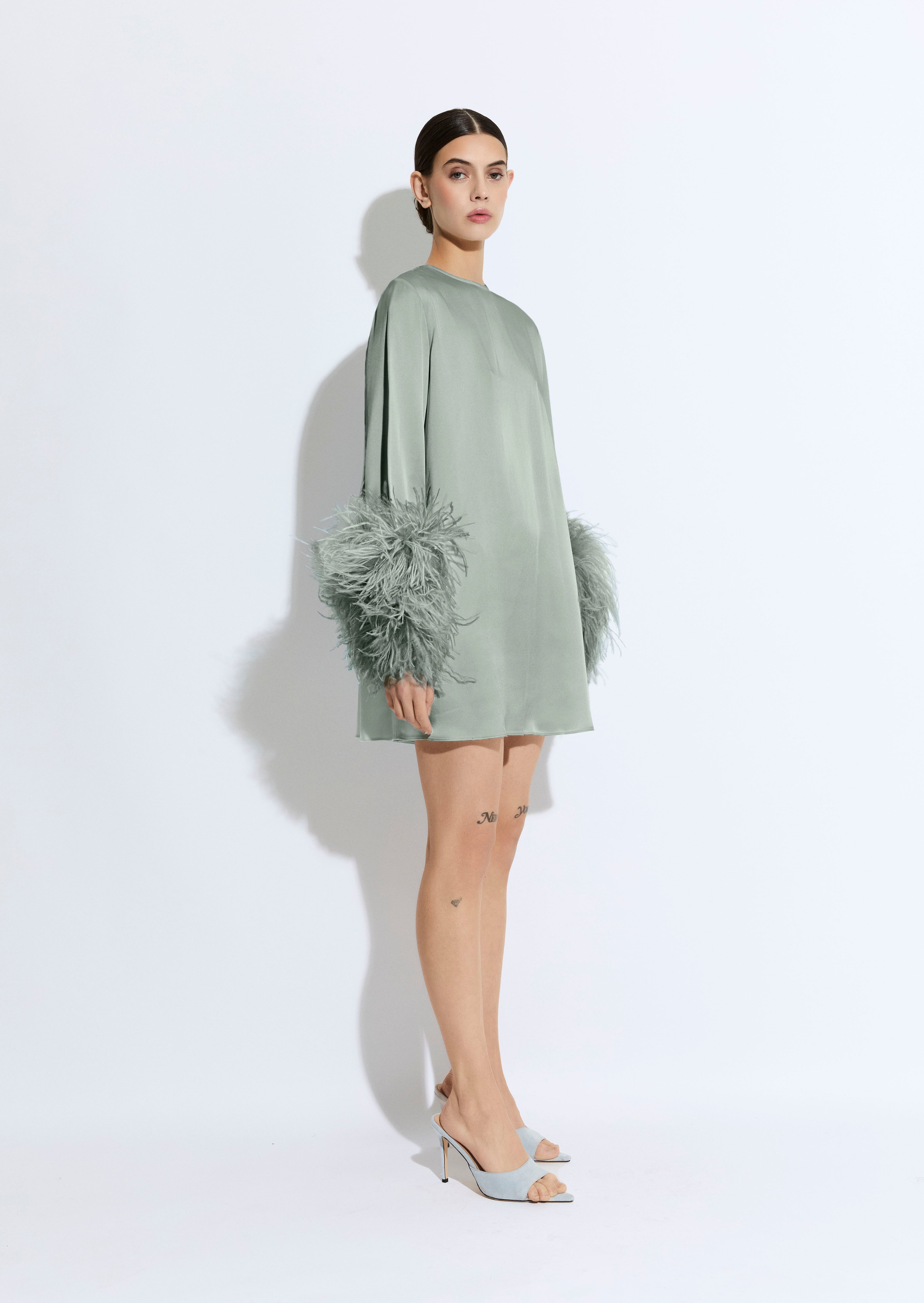 Satin Dress With Feathers - LAPOINTE