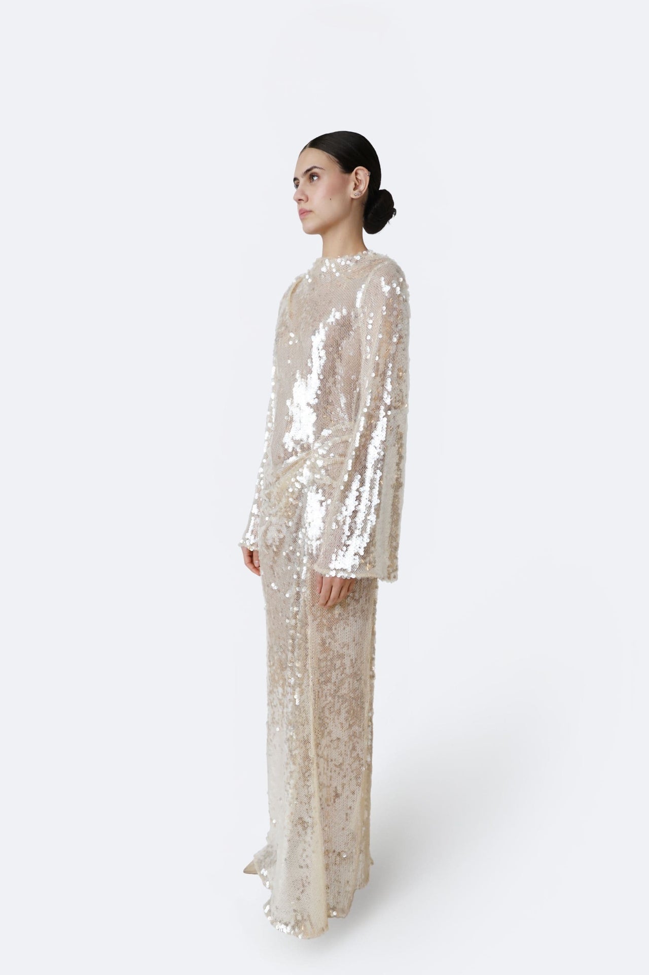 Mesh Sequin Longsleeve Gown With Side Tucks