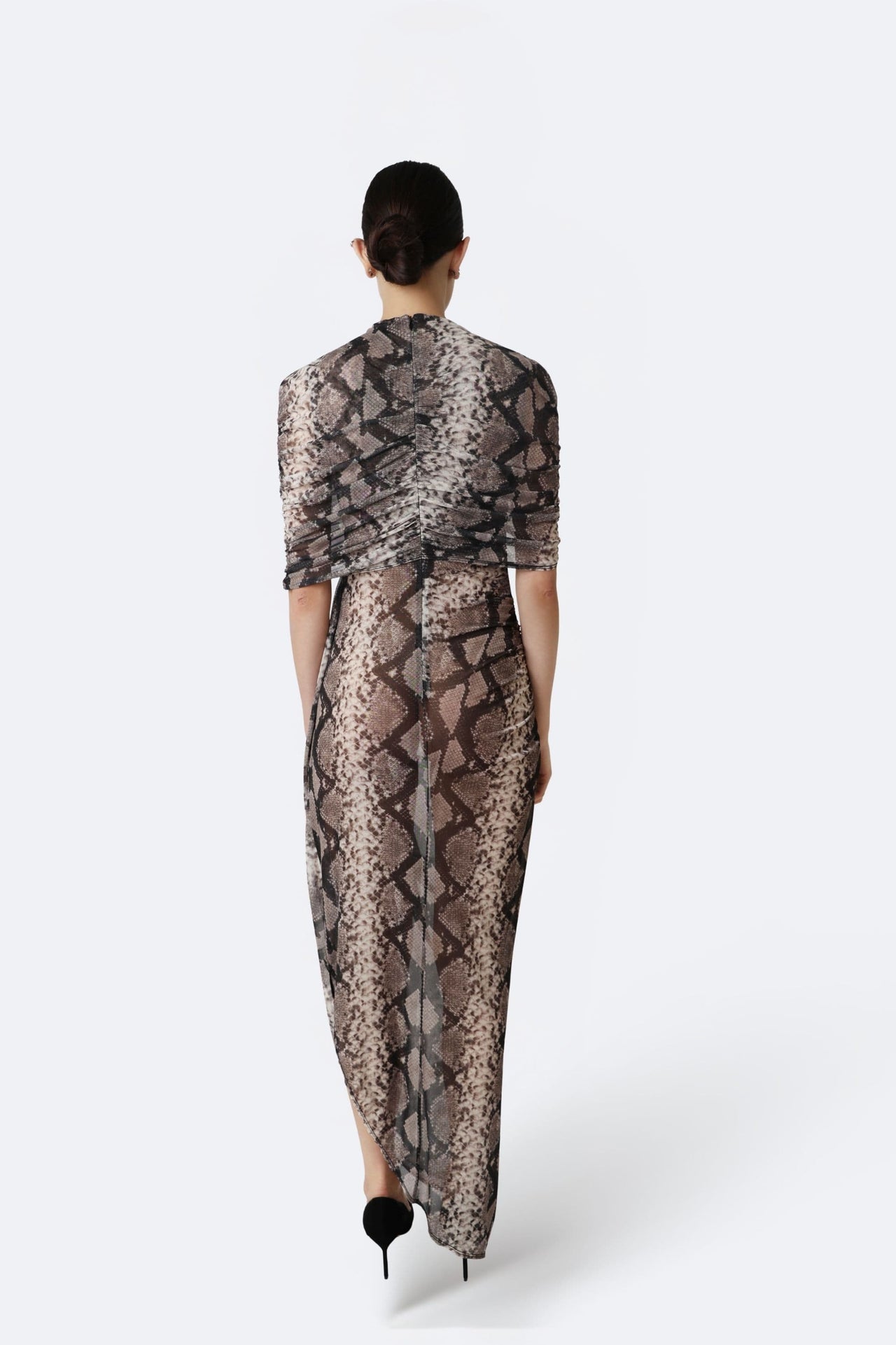 Printed Mesh Double Shawl Draped Dress