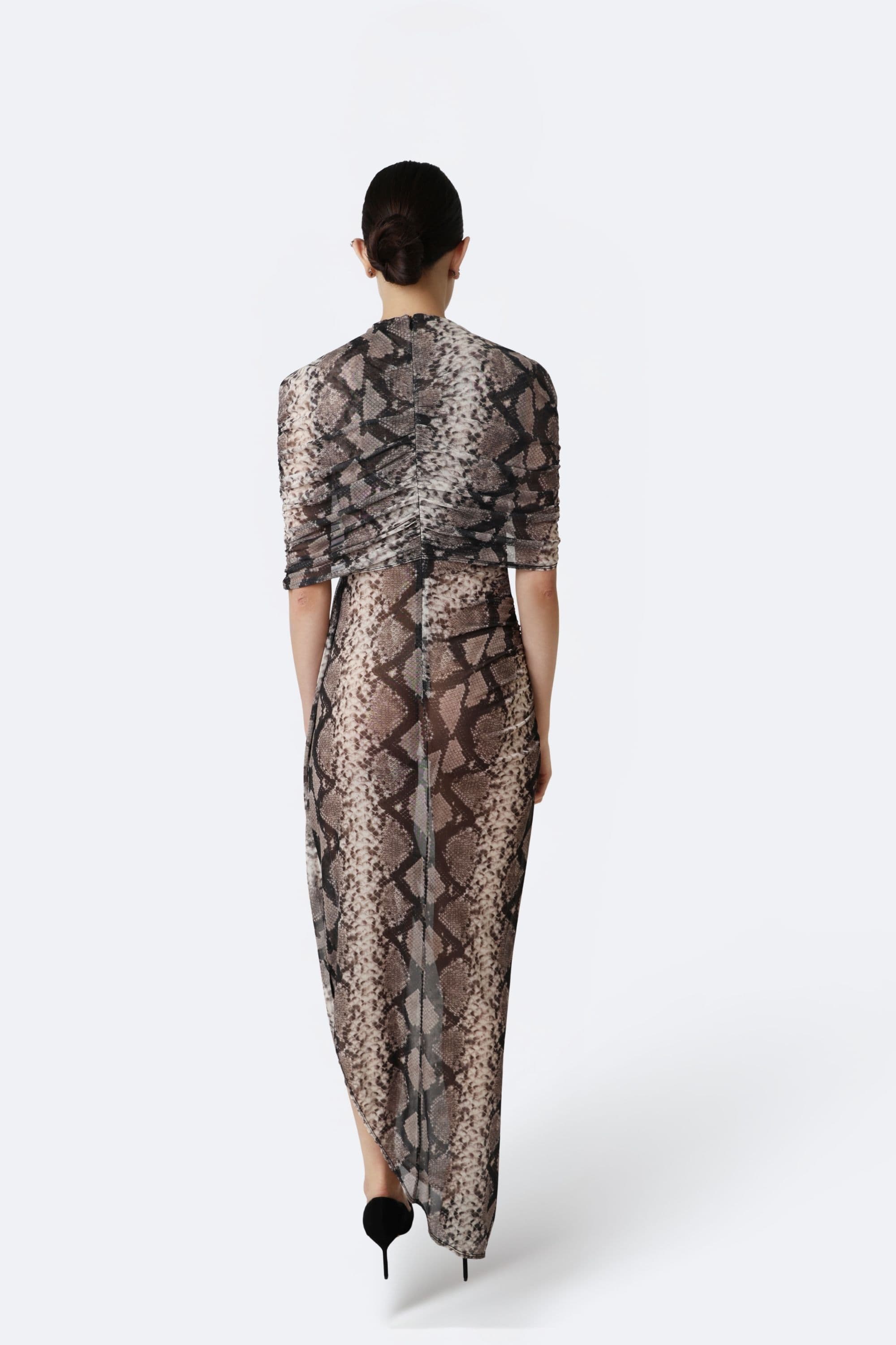 Printed Mesh Double Shawl Draped Dress