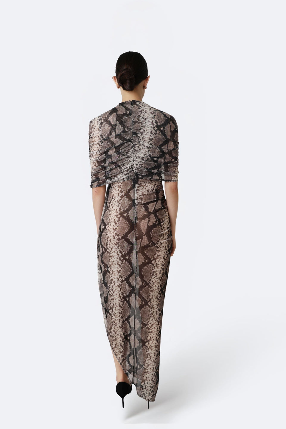 Printed Mesh Double Shawl Draped Dress