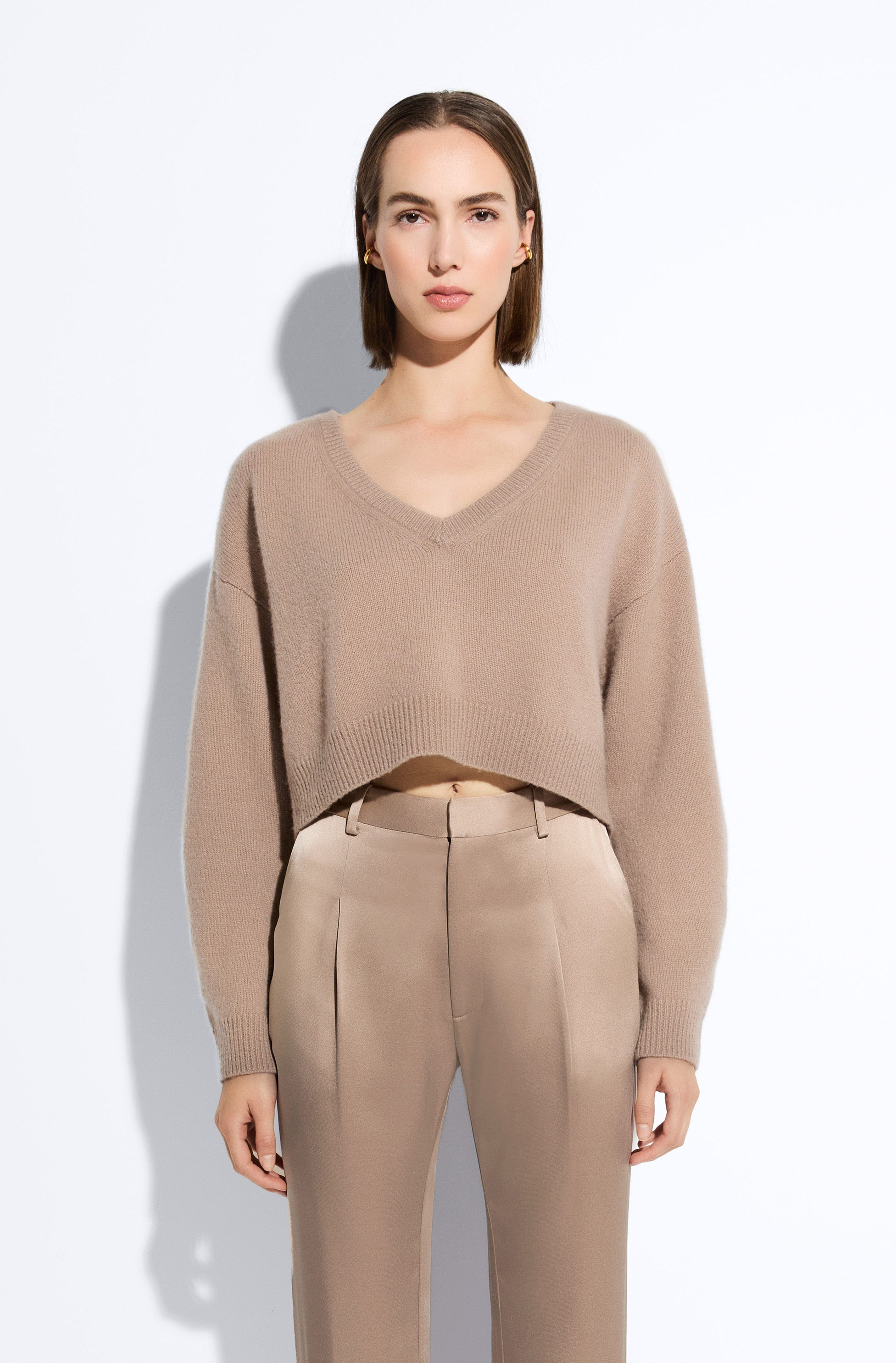 Cashmere Cropped V Neck Sweater in Oat Tan | LAPOINTE