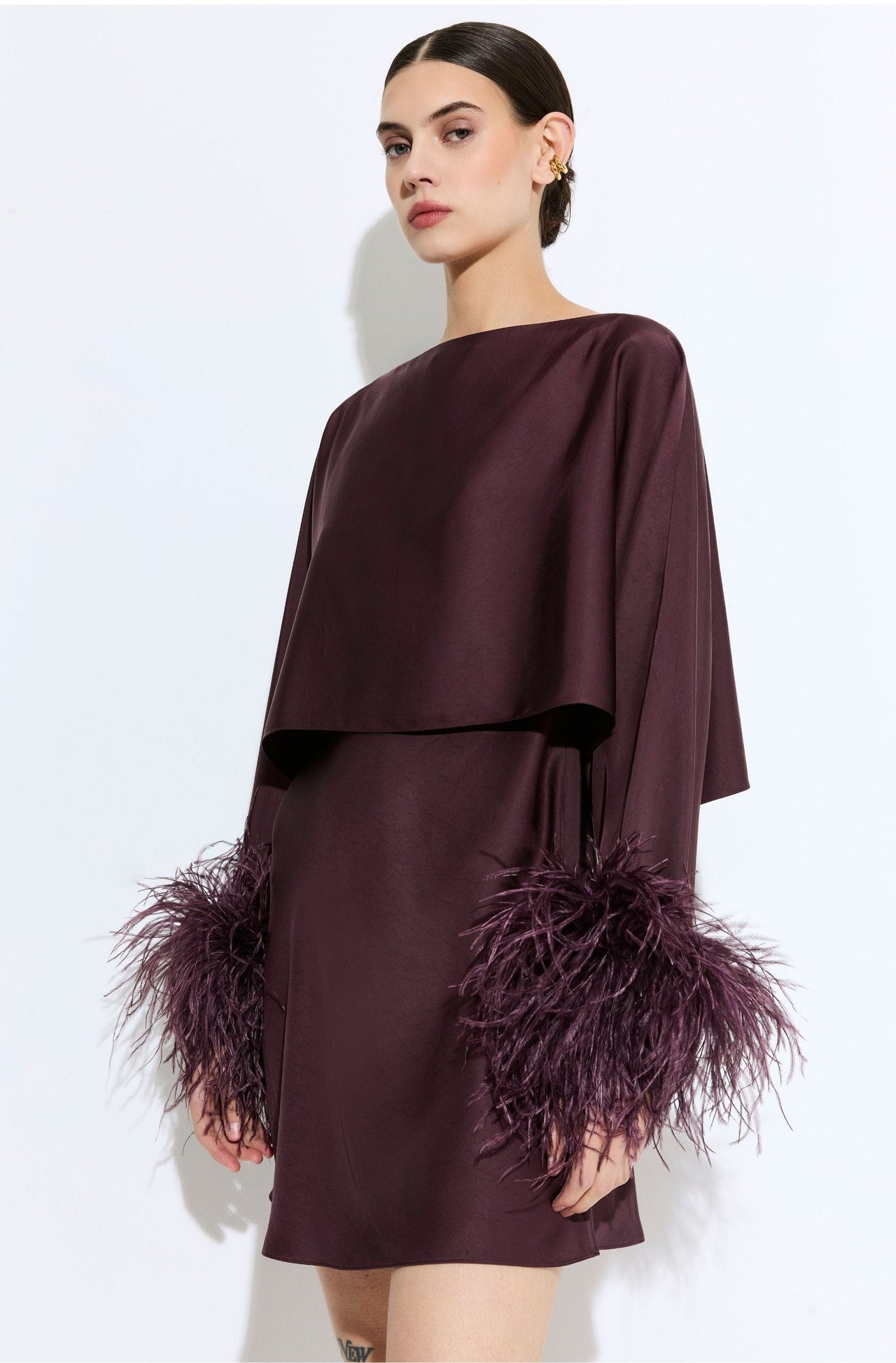 Lightweight Satin Layered Mini Dress With Feathers