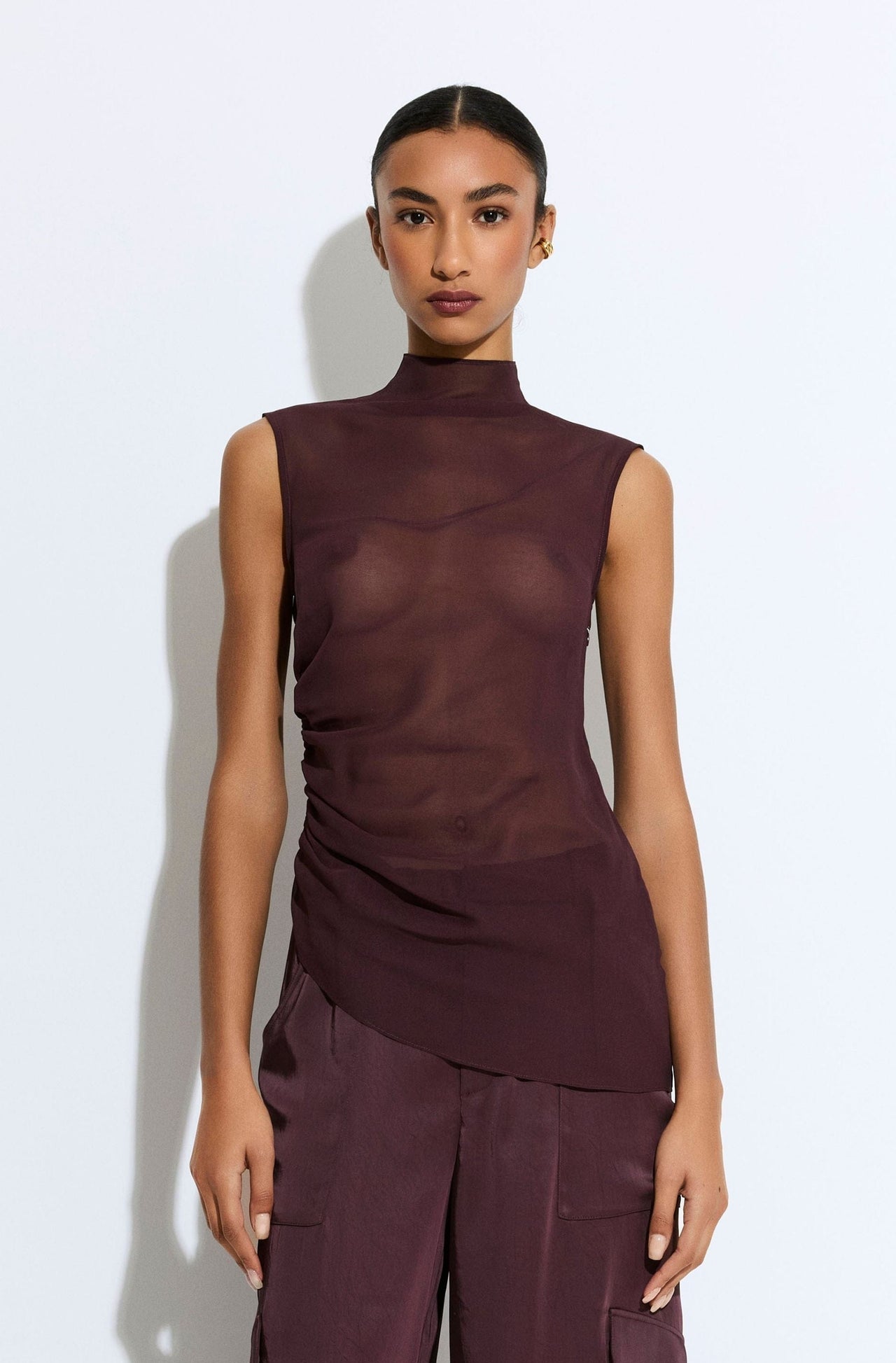 Lightweight Georgette Mock Neck Ruched Top