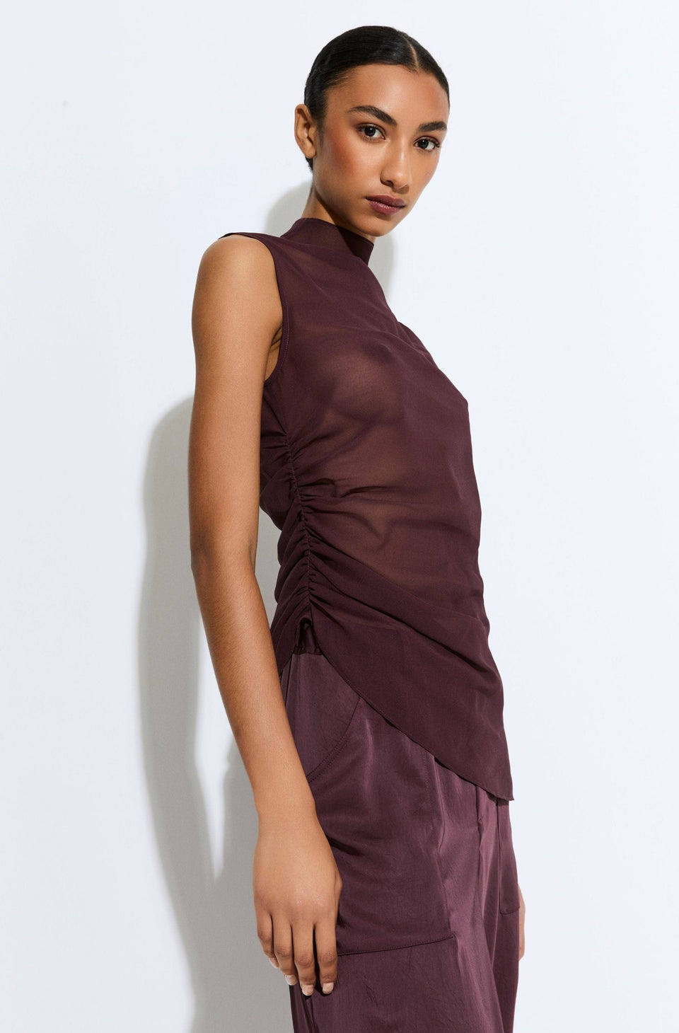 Lightweight Georgette Mock Neck Ruched Top
