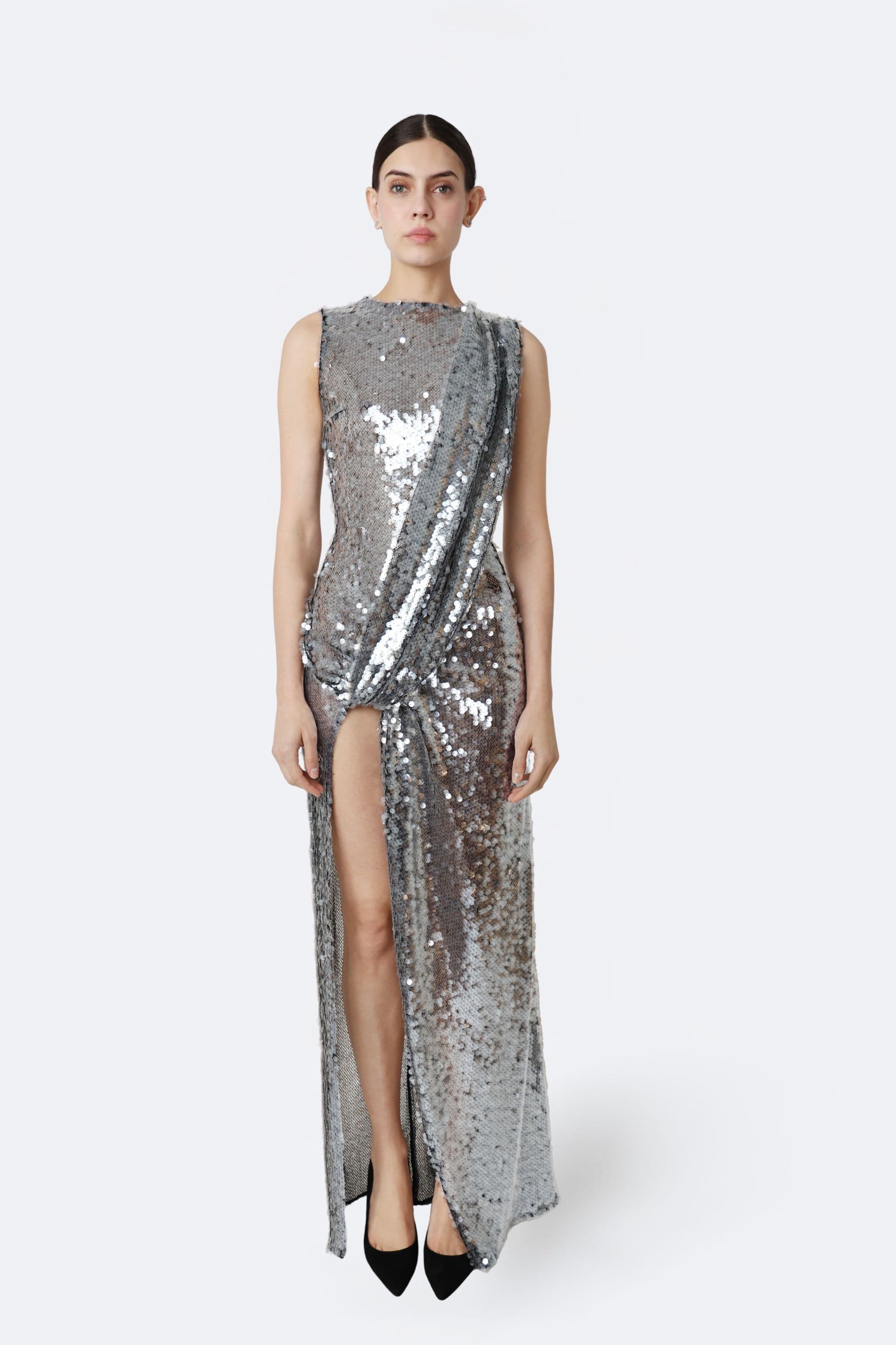 Mesh Sequin Sleeveless Gown With Sash