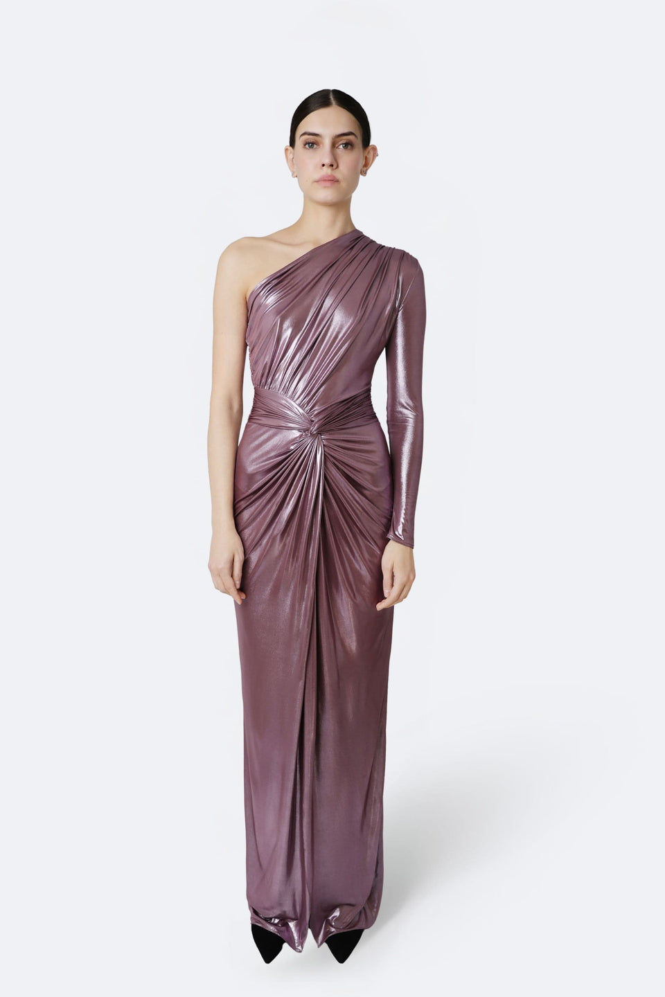 Coated Jersey One Shoulder Draped Maxi Dress