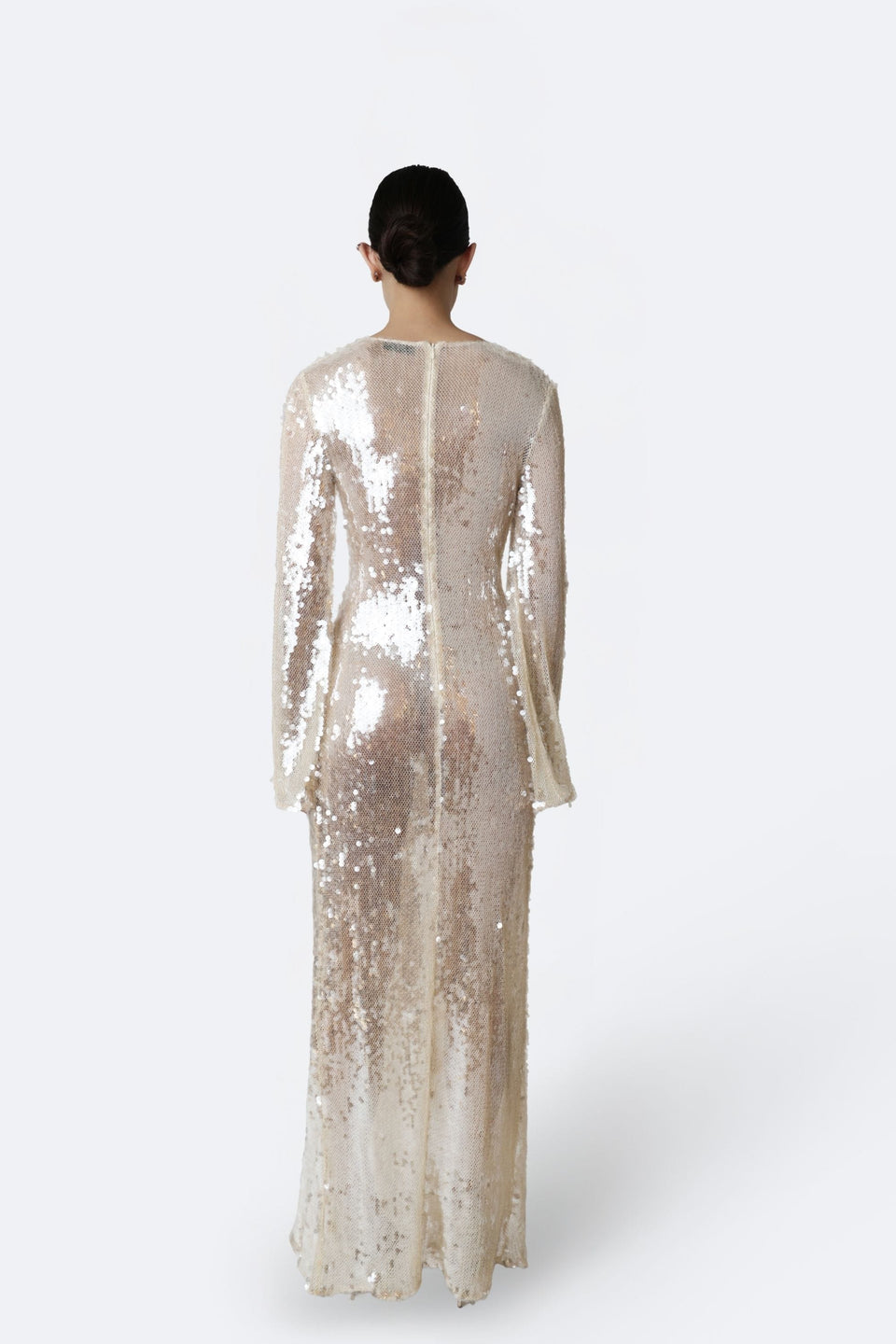 Mesh Sequin Longsleeve Gown With Side Tucks