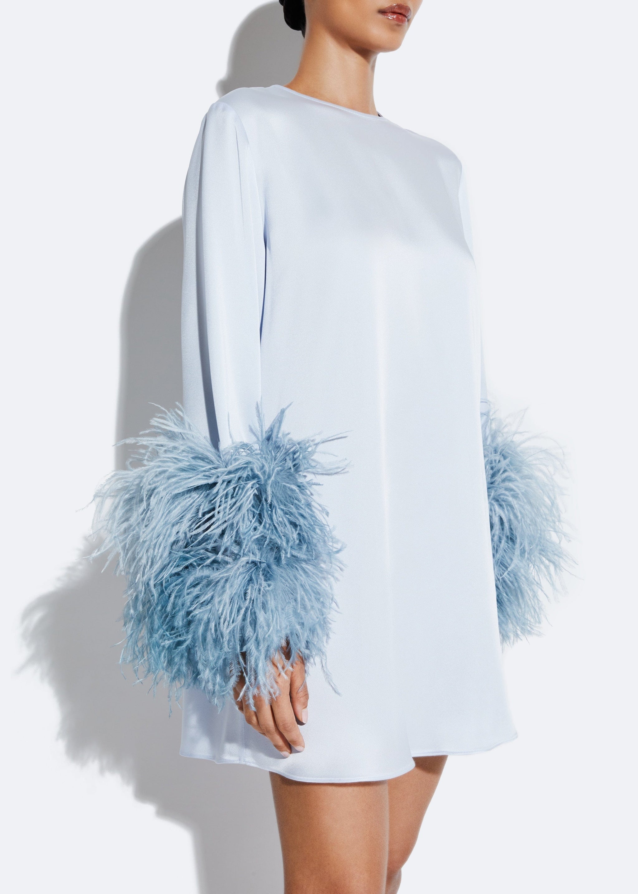blue satin shift dress LAPOINTE Satin Shift Dress With Feathers