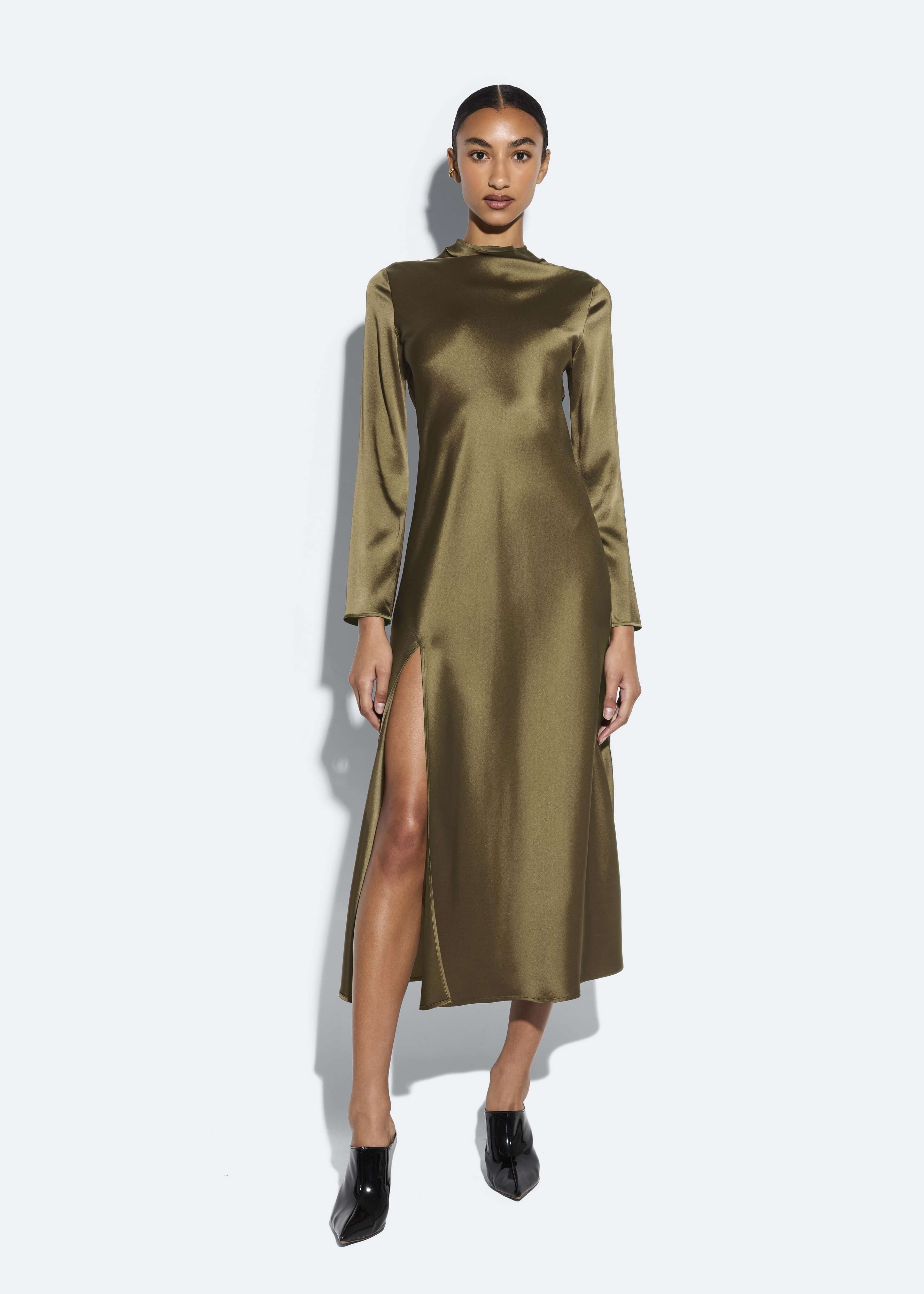 Satin Draped Neck Bias Dress