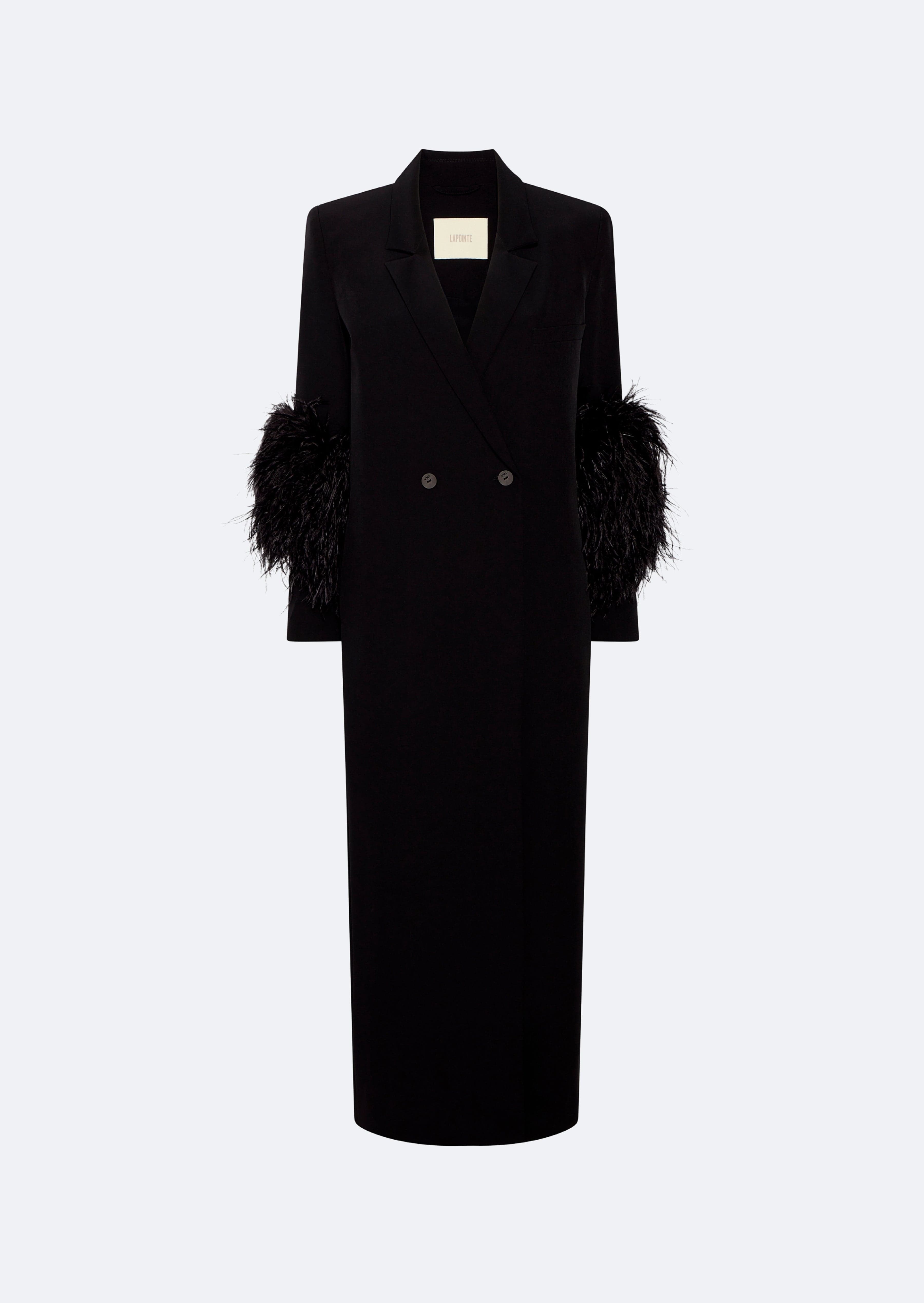 Matte Crepe Elongated Coat With Feathers in Black Black LAPOINTE