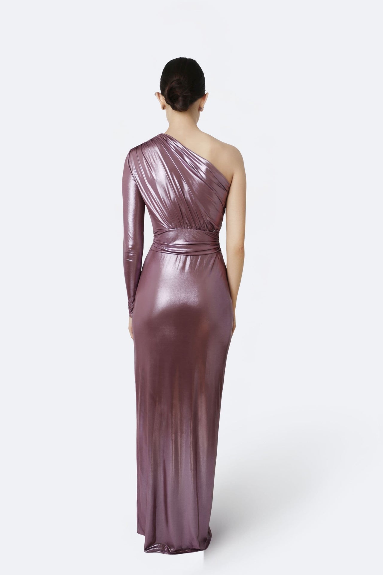Coated Jersey One Shoulder Draped Maxi Dress