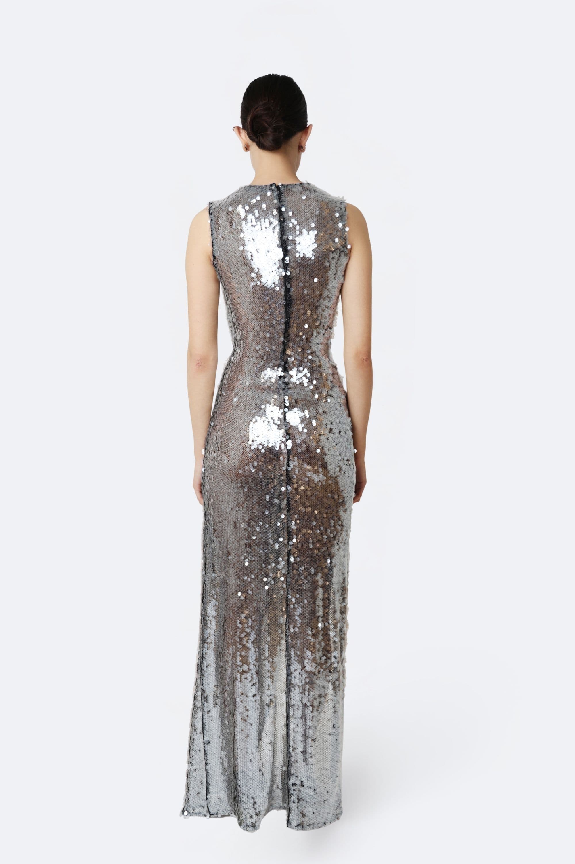 Mesh Sequin Sleeveless Gown With Sash