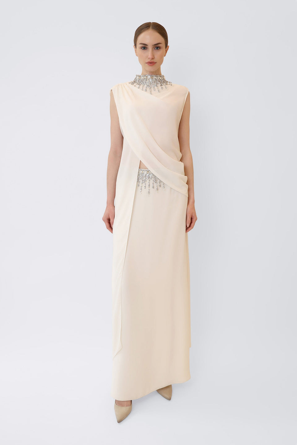 Georgette Draped Scarf Top With Embroidery