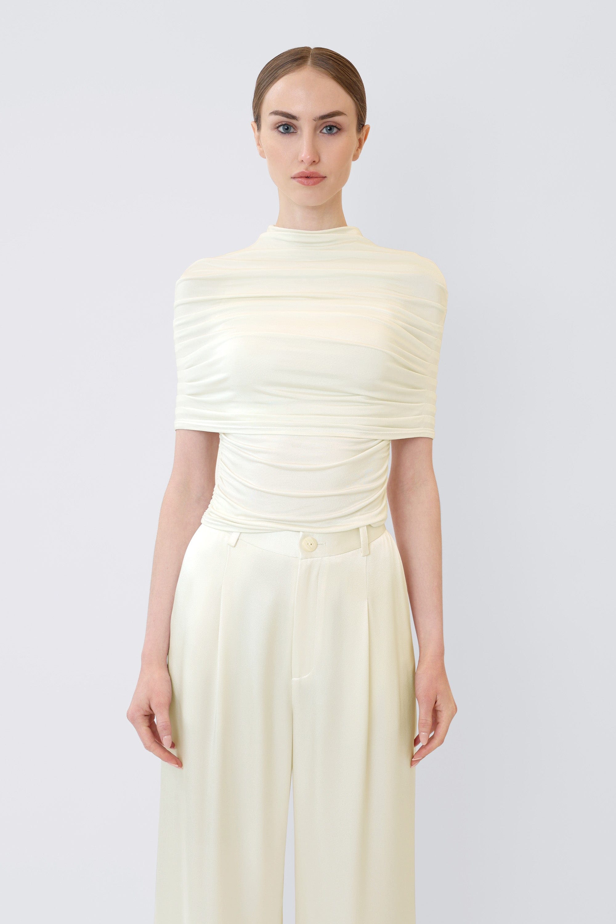 Jersey Mock Neck Ruched Top in Cream Cream | LAPOINTE