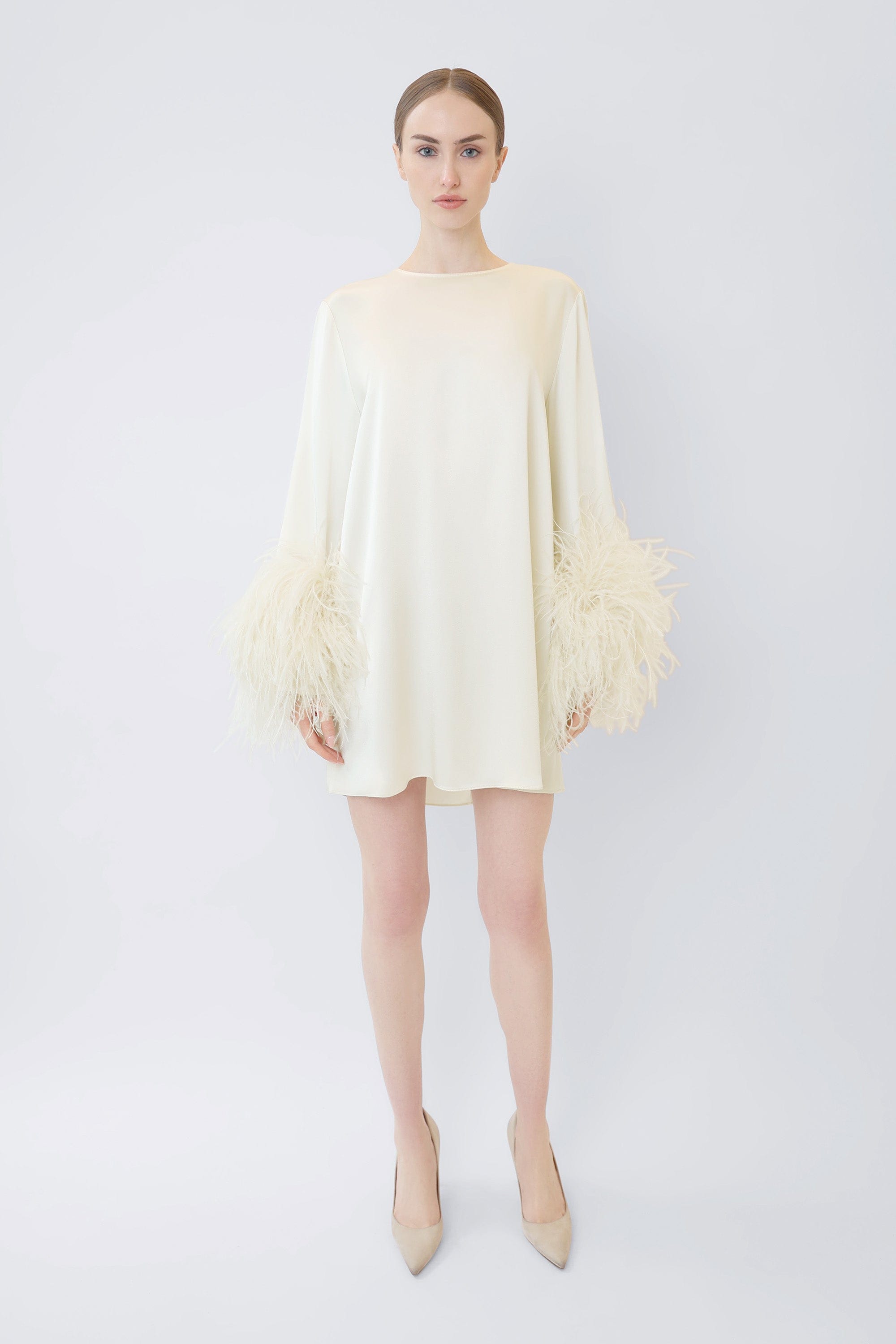 off shoulder flared dress ASHLEYlauren 11381 Satin Gown with Feather Flare Sleeves main image 1