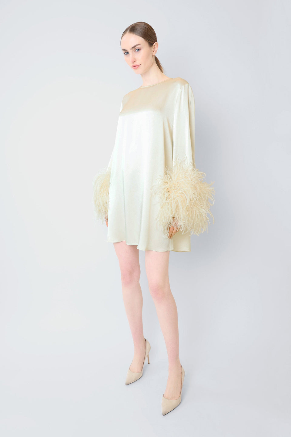 Satin Shift Dress with Feathers | LAPOINTE Satin Shift Dress with Feathers | LAPOINTE