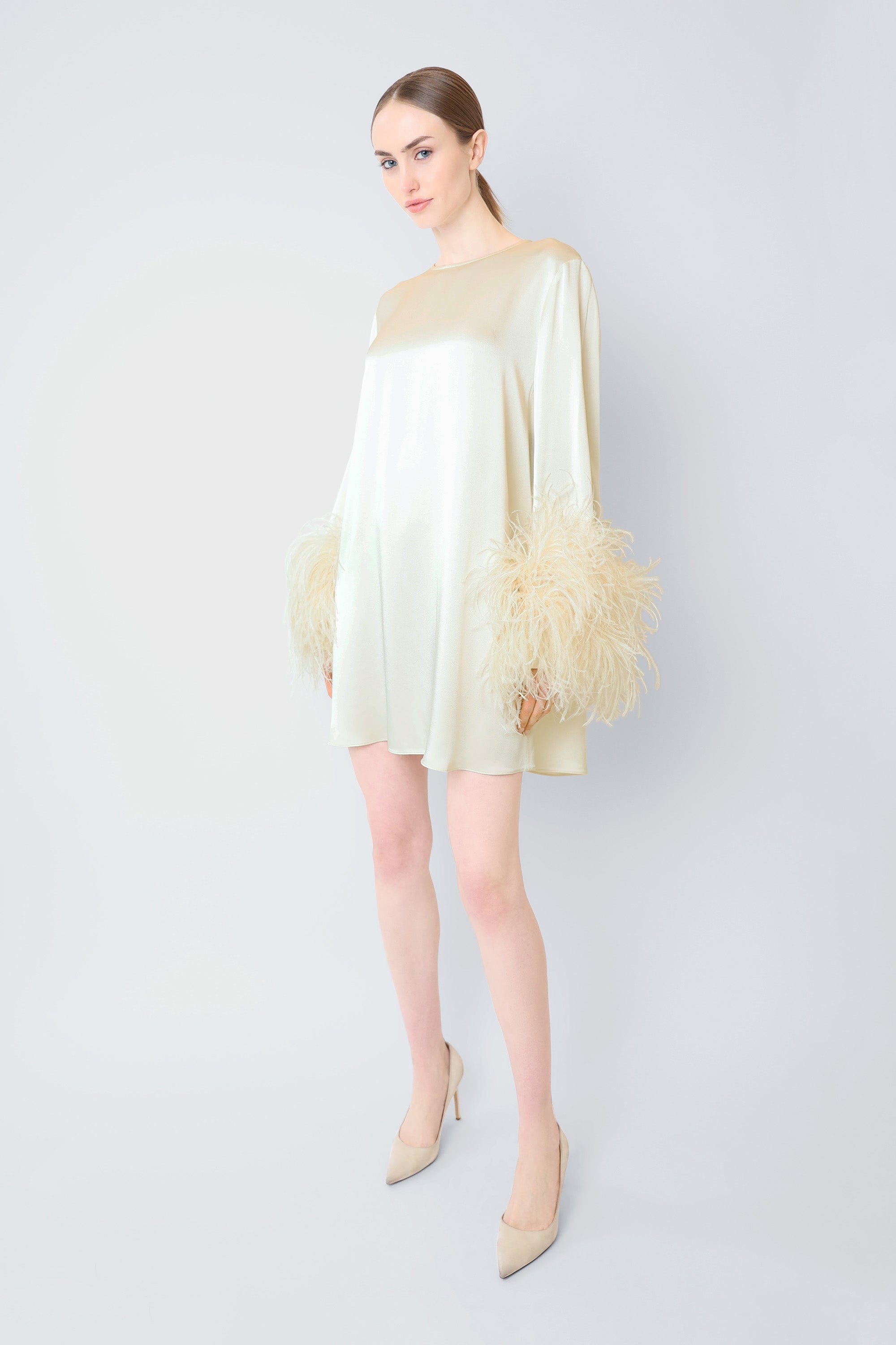 Satin Dress With Feathers - LAPOINTE