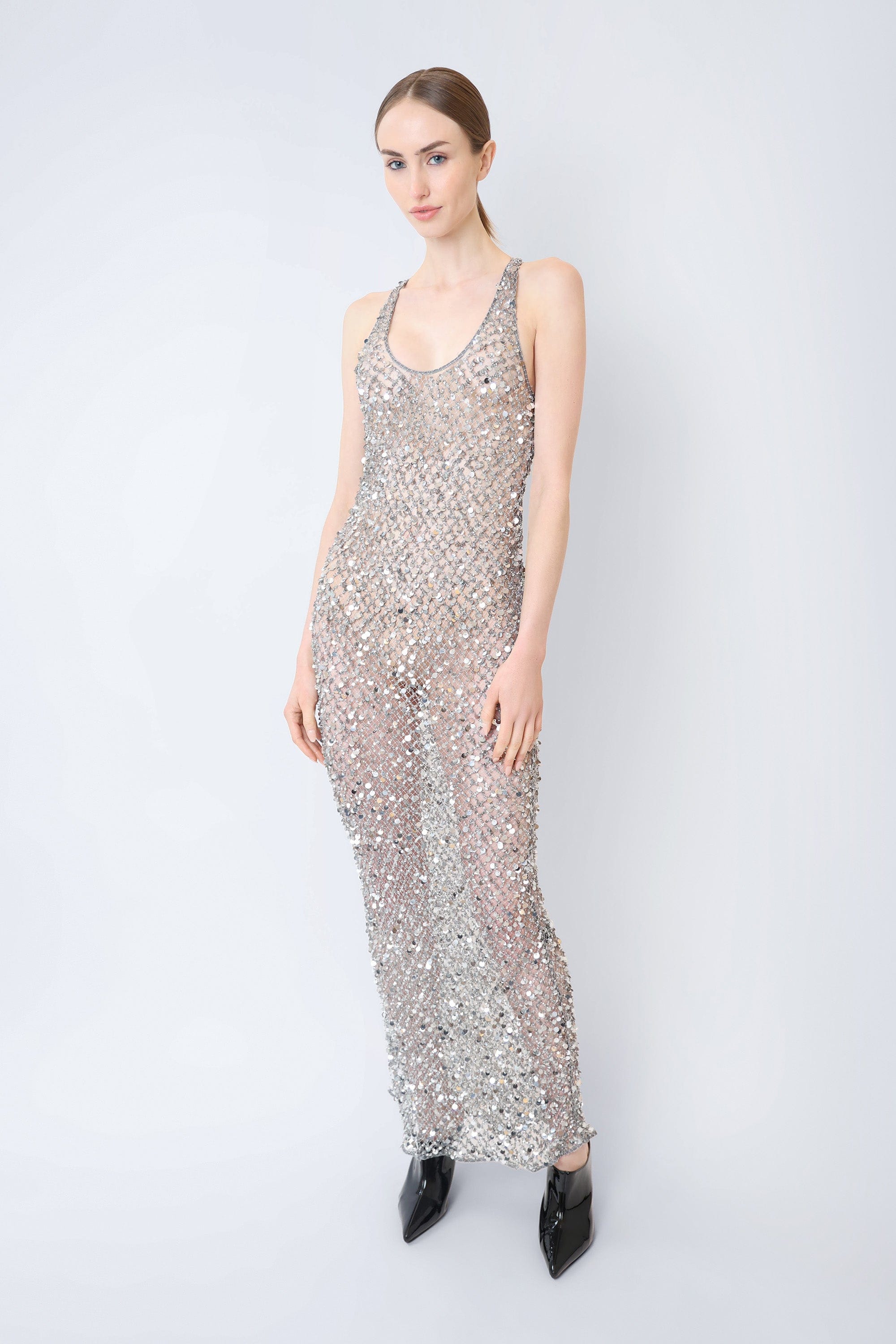 LAPOINTE Net Mesh Sequin Tank Gown | Silver / 4 LAPOINTE Net Mesh Sequin Tank Gown | Silver / 4