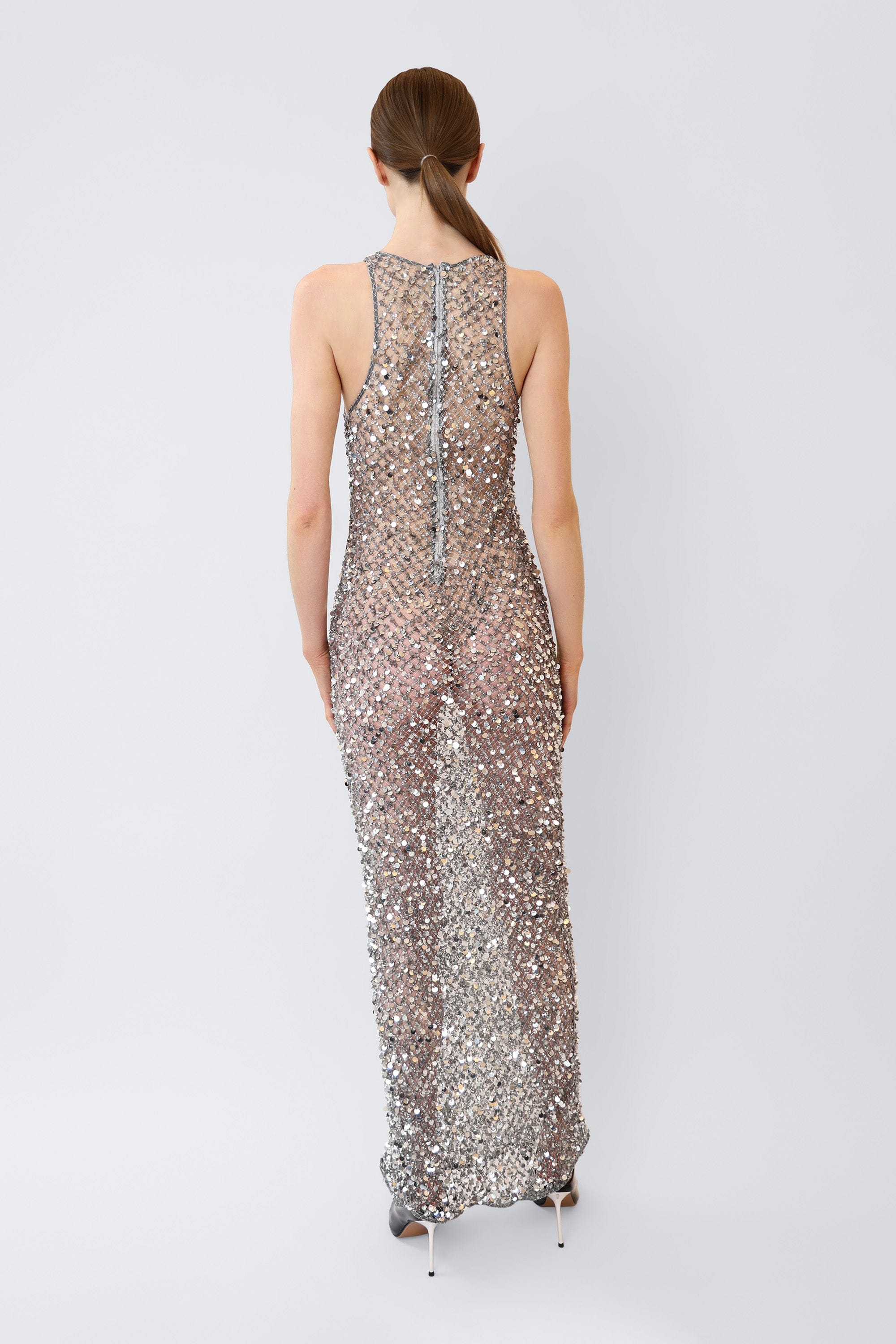 LAPOINTE Net Mesh Sequin Tank Gown | Silver / 4 LAPOINTE Net Mesh Sequin Tank Gown | Silver / 4