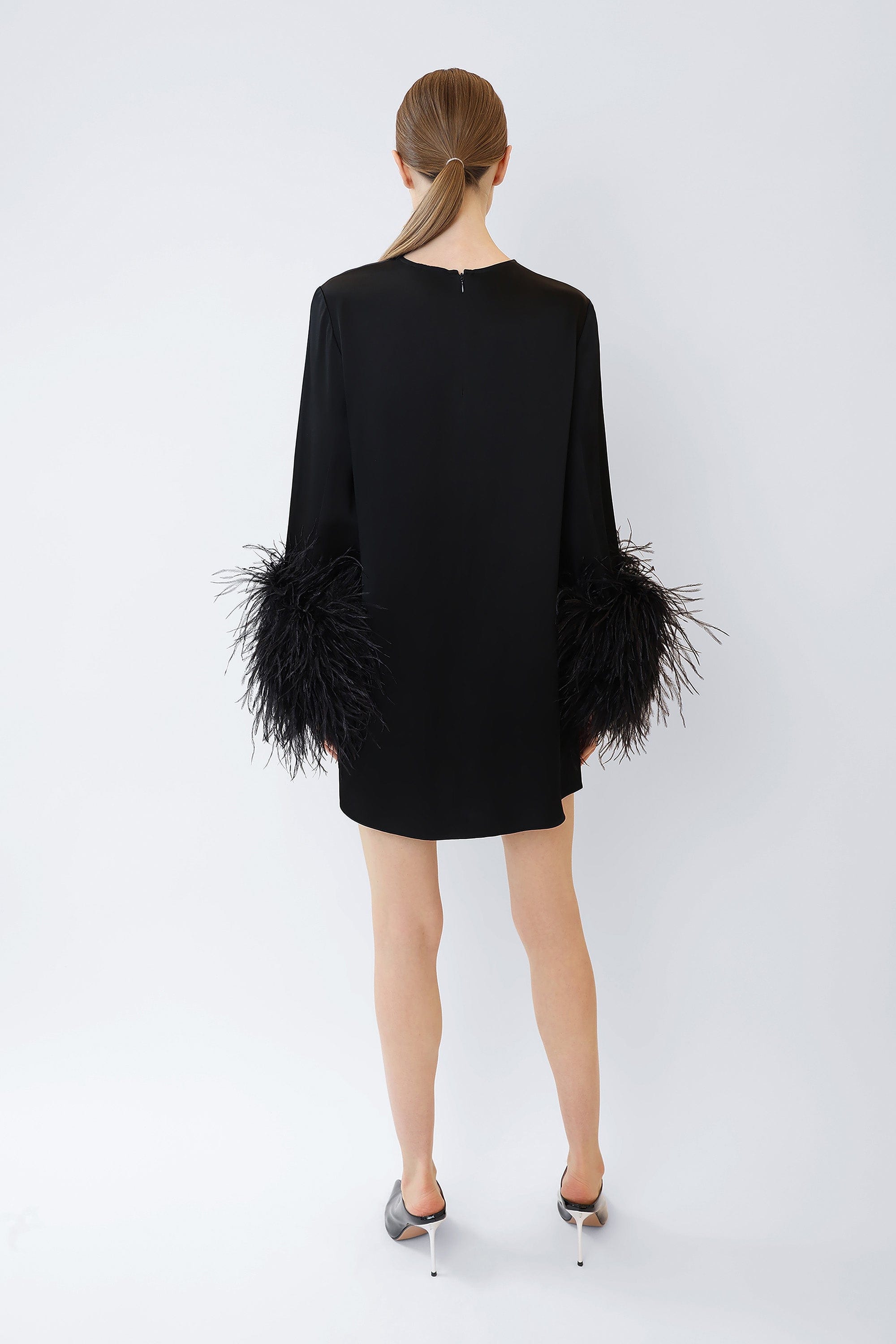 Satin Dress With Feathers in Black Black | LAPOINTE Satin Dress With Feathers in Black Black | LAPOINTE