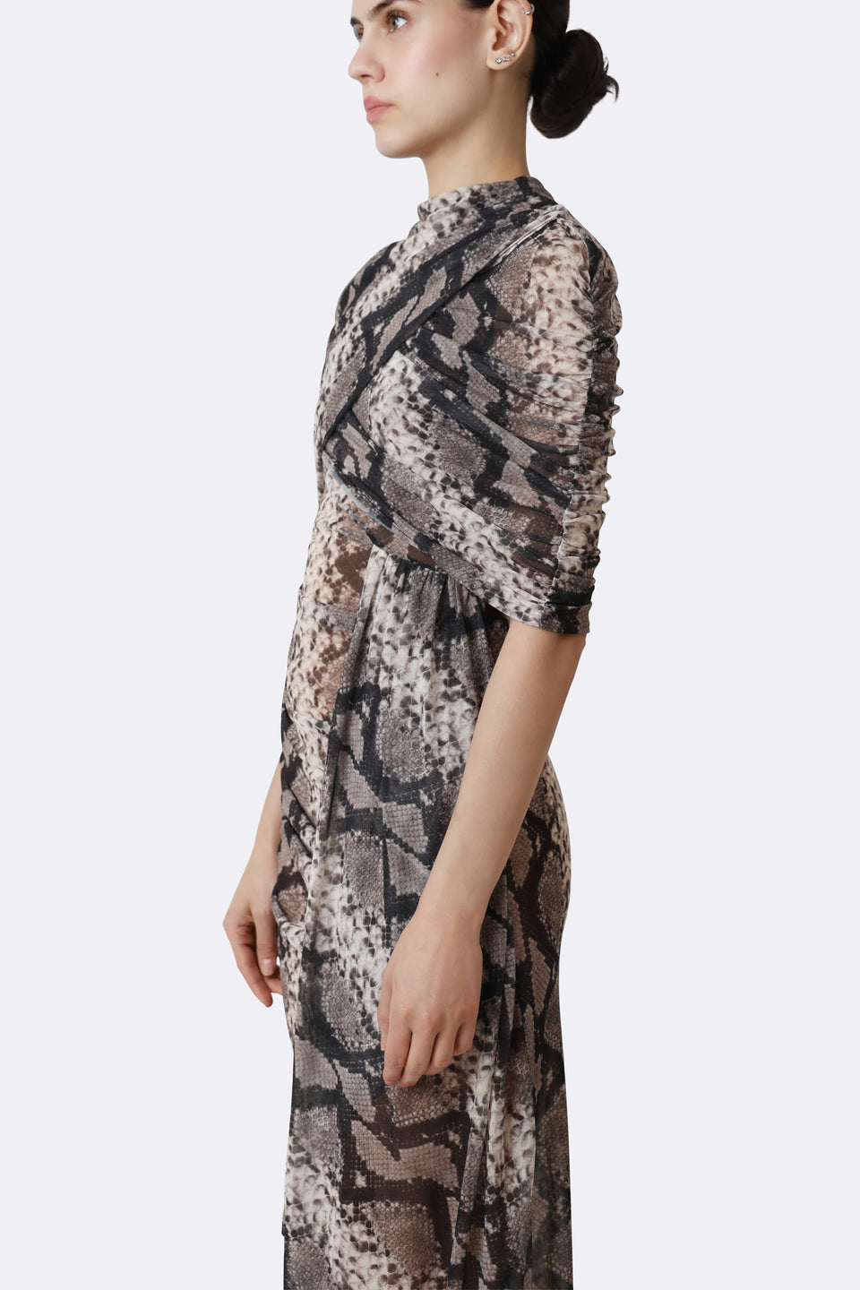 Printed Mesh Double Shawl Draped Dress