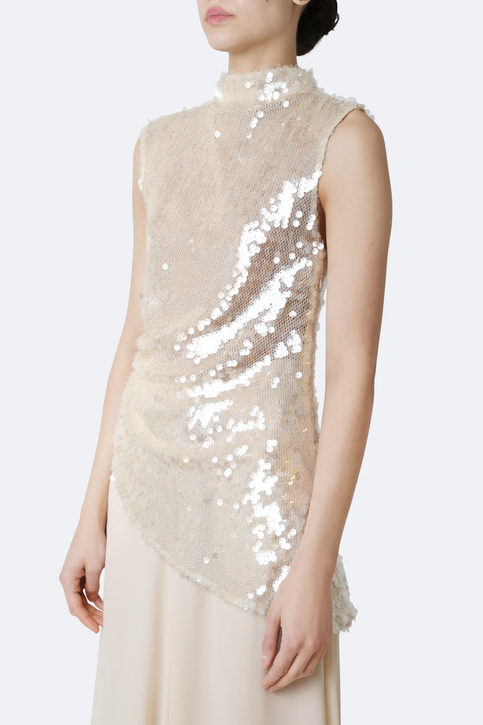 Mesh Sequin Mockneck Top With Pleats
