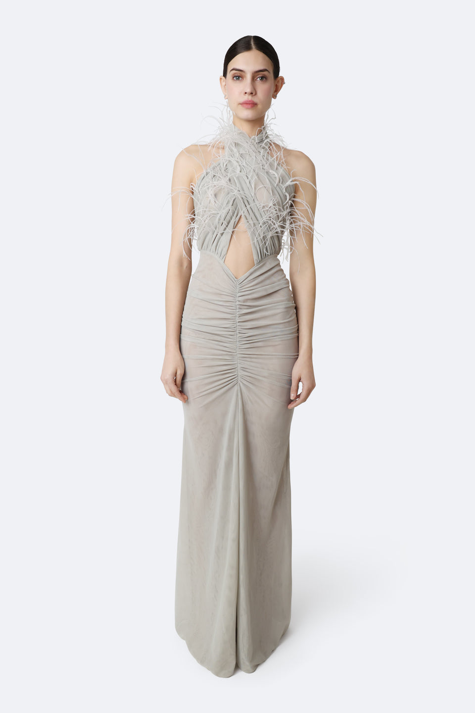 Mesh Sleeveless Halter Ruched Gown With Feathers