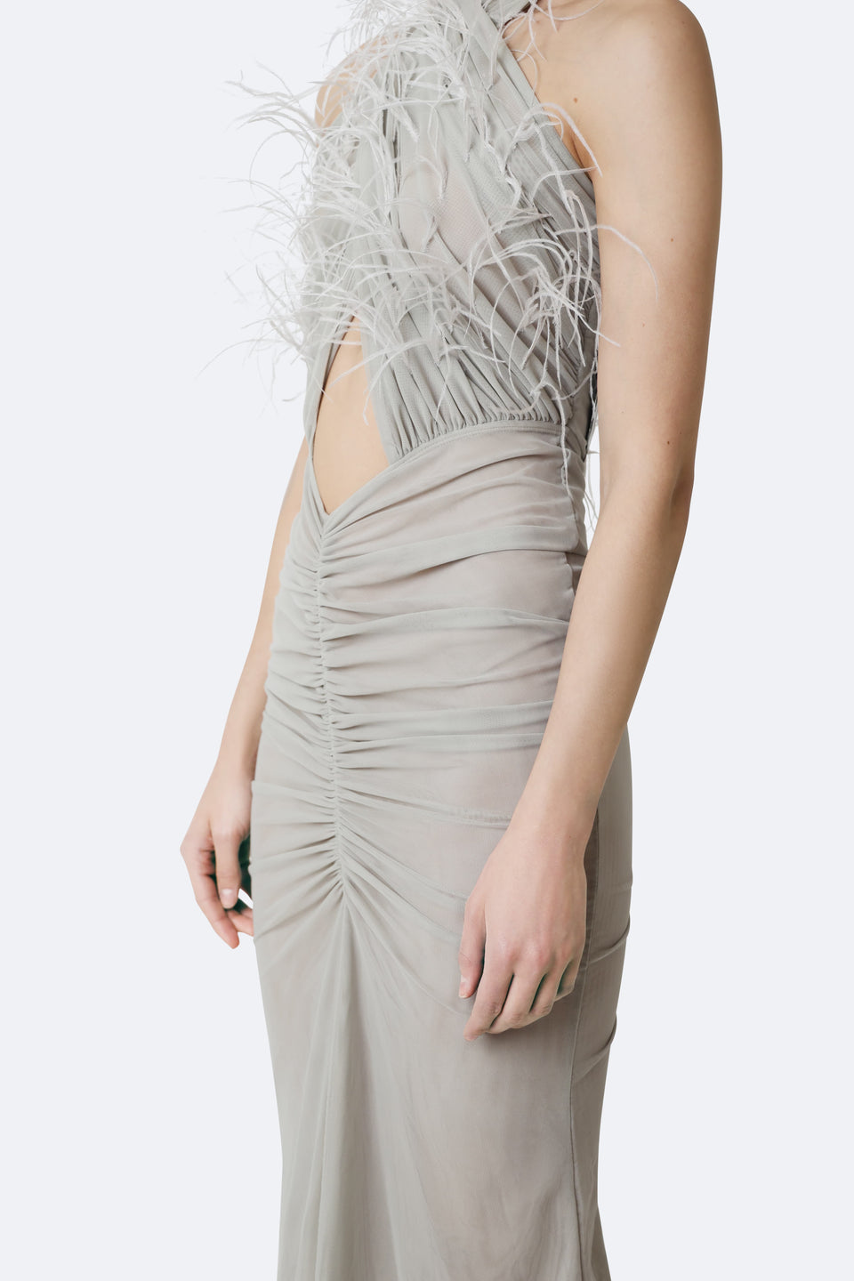 Mesh Sleeveless Halter Ruched Gown With Feathers