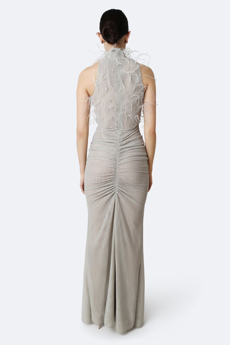 Mesh Sleeveless Halter Ruched Gown With Feathers