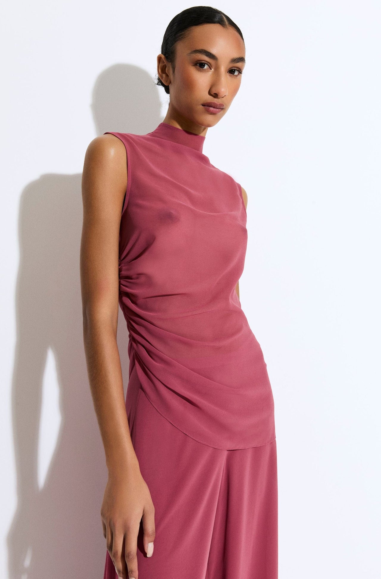 Lightweight Georgette Mock Neck Ruched Top - LAPOINTE