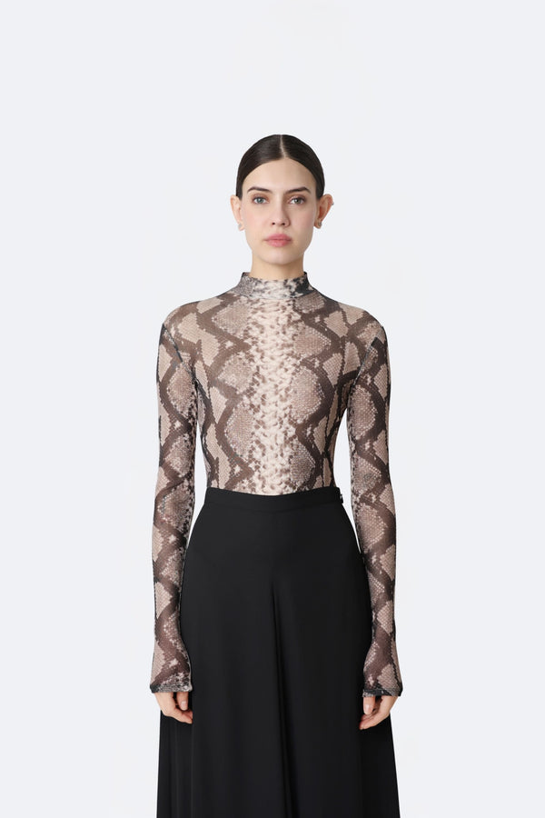 Printed Mesh Mock Neck Bodysuit