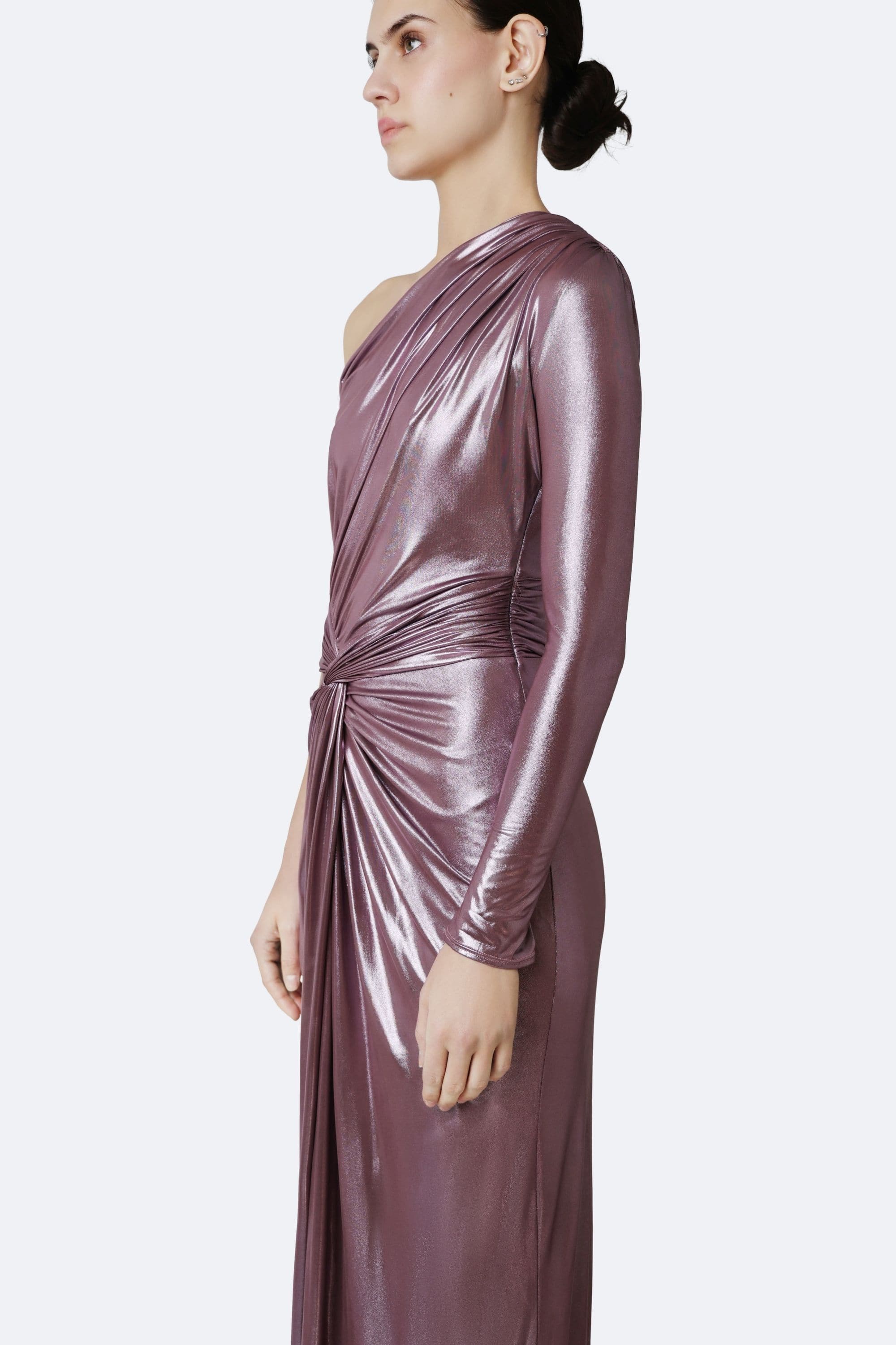 Coated Jersey One Shoulder Draped Maxi Dress