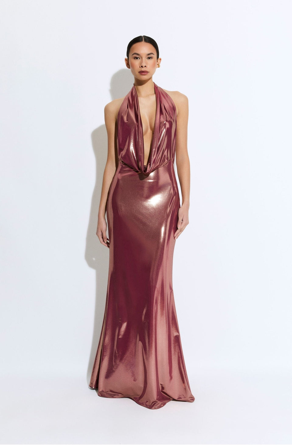 Coated Jersey Cowl Neck Gown