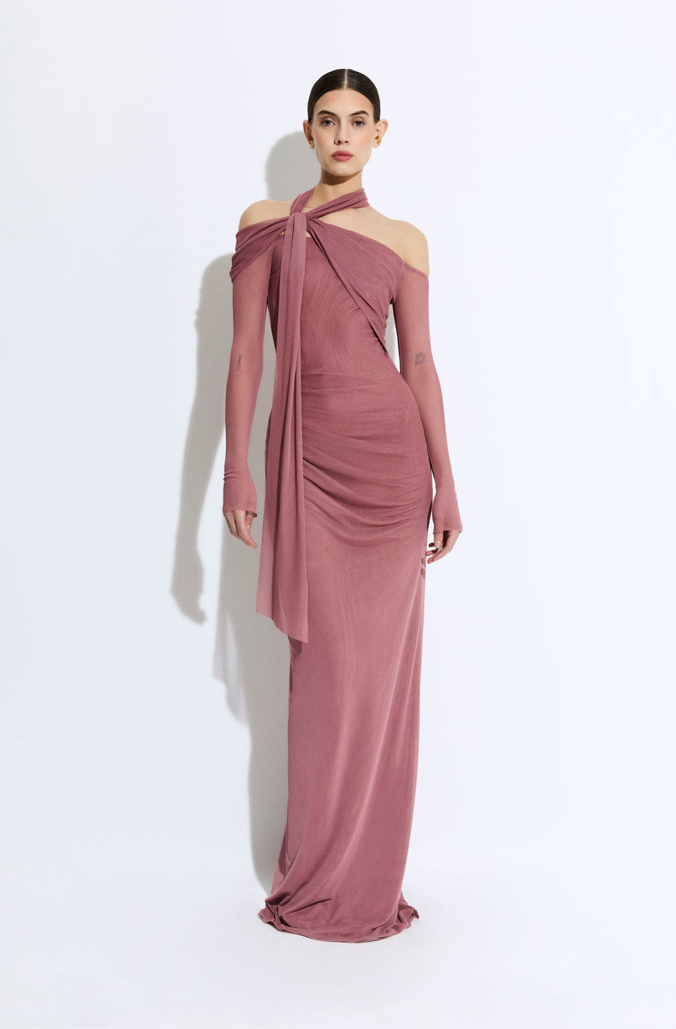 Mesh Scarf Neck Gown