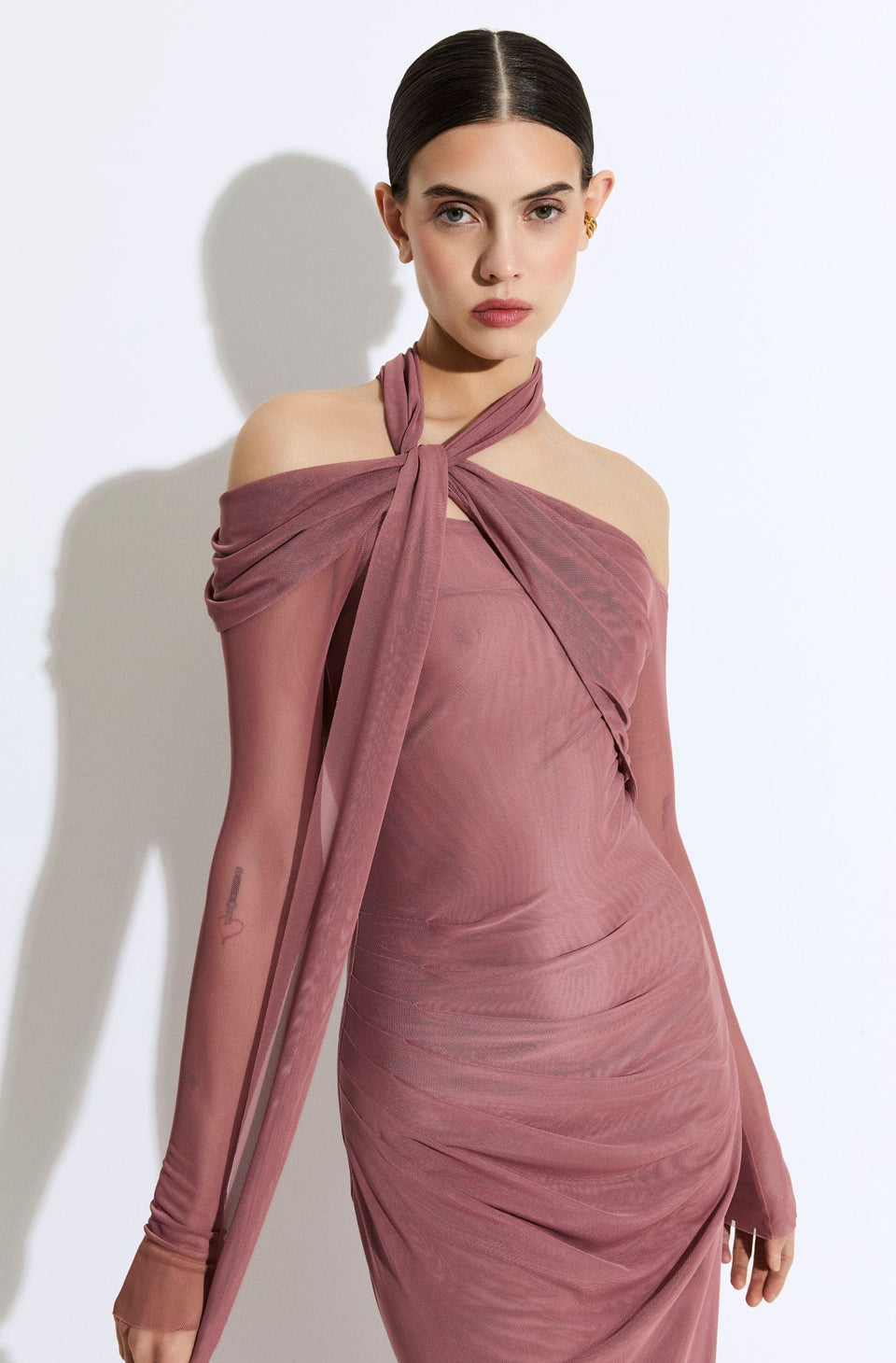 Mesh Scarf Neck Gown