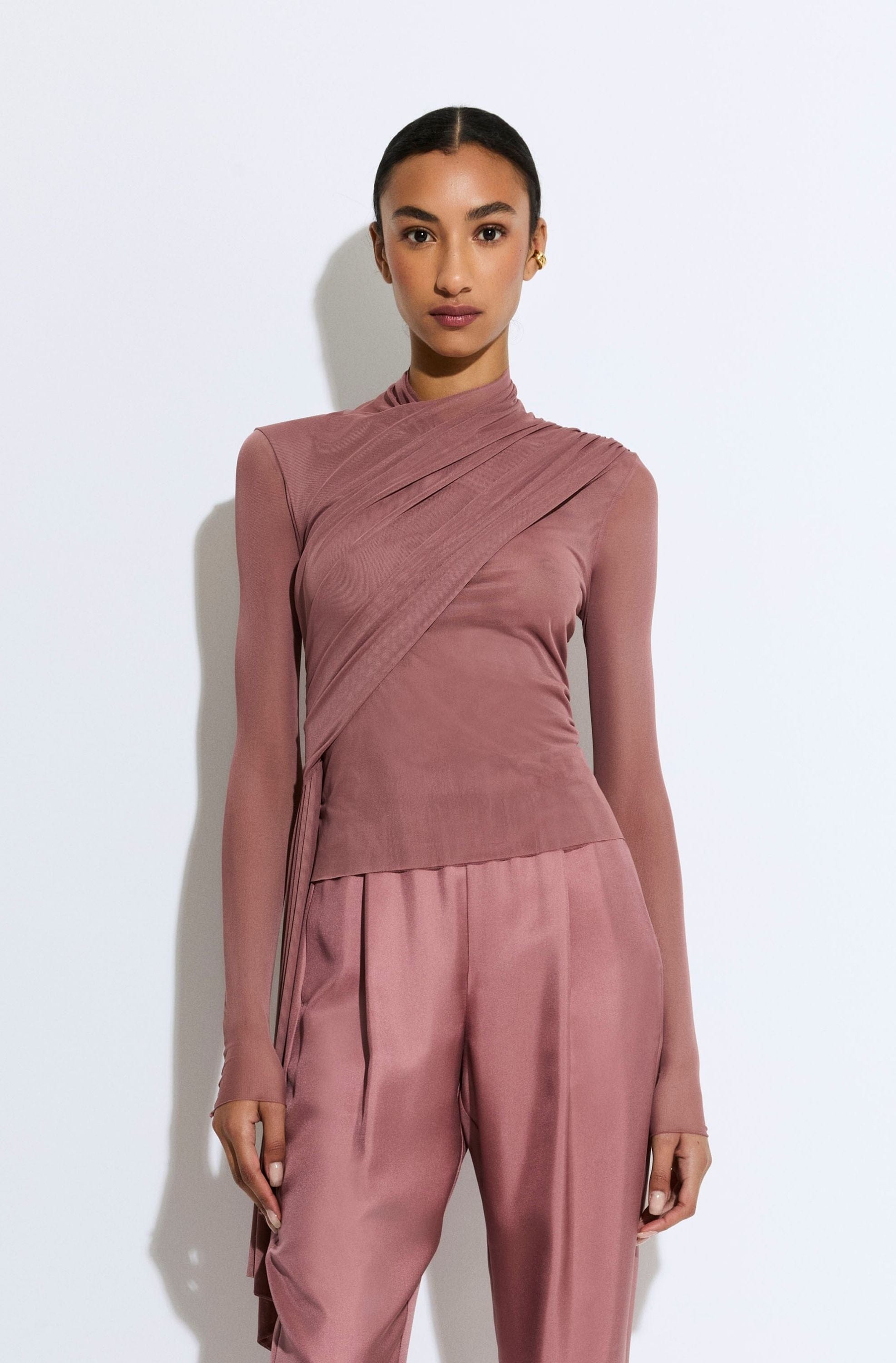 Mesh Mock Neck Draped Top - LAPOINTE