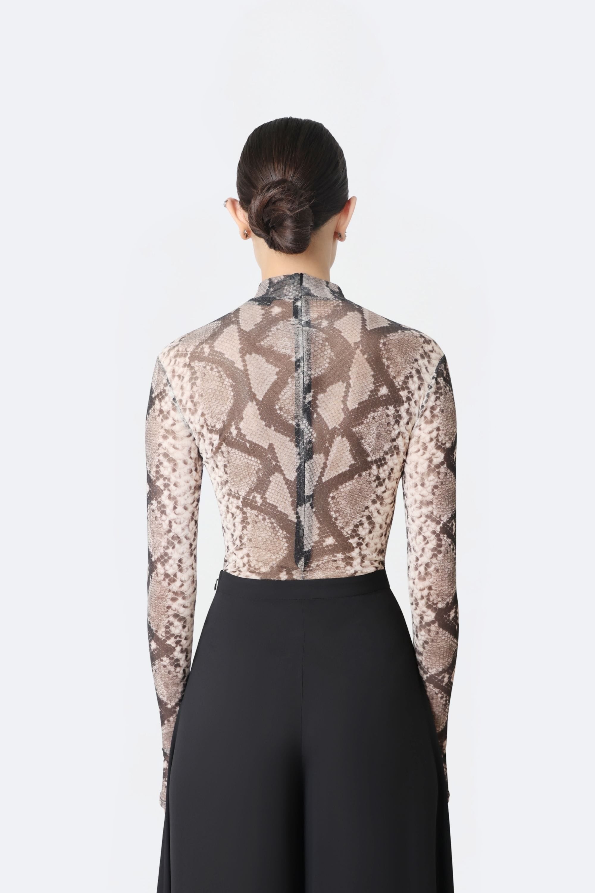 Printed Mesh Mock Neck Bodysuit