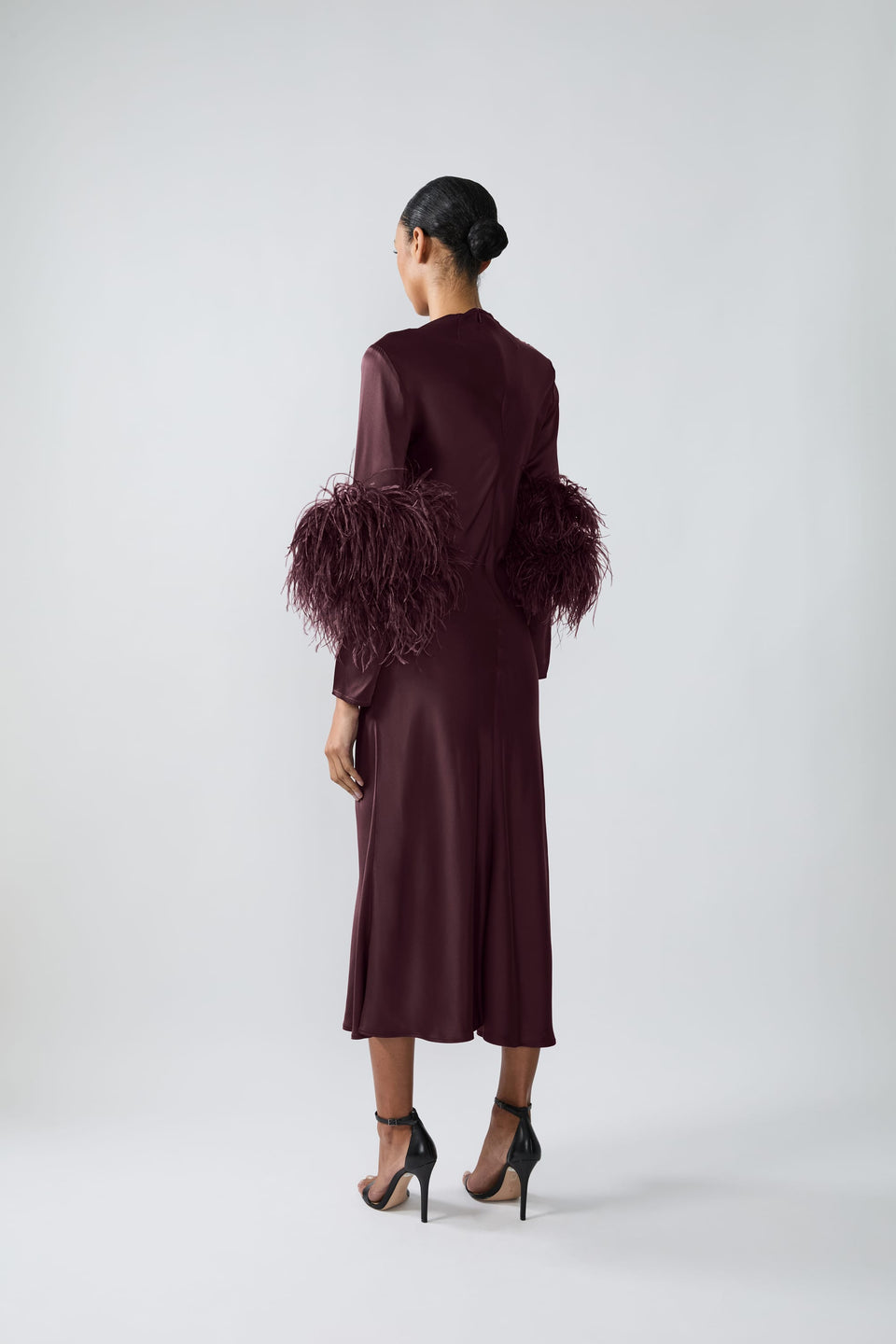 Satin Draped Neck Bias Dress With Feathers - LAPOINTE