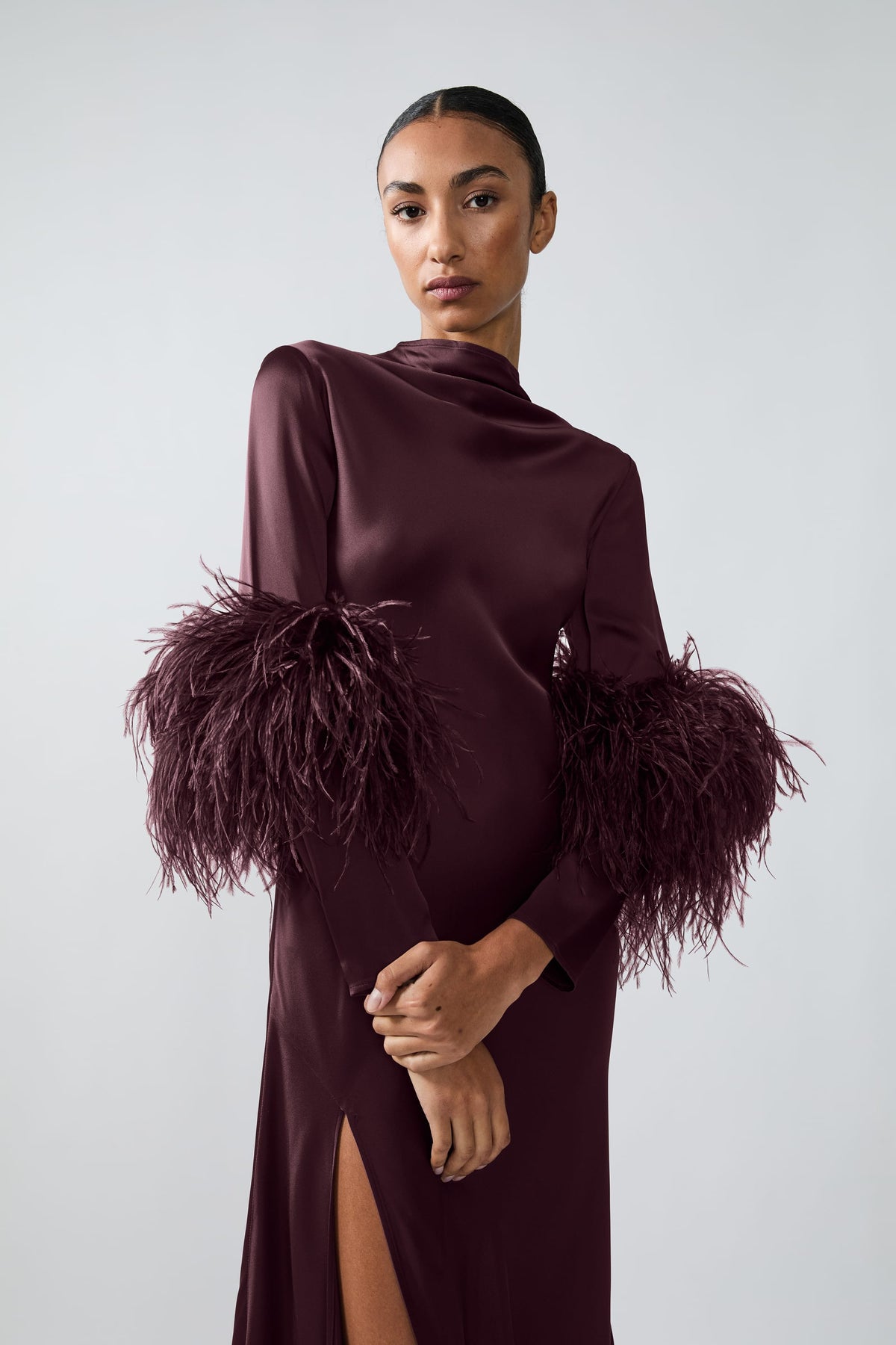 Satin Draped Neck Bias Dress With Feathers - LAPOINTE