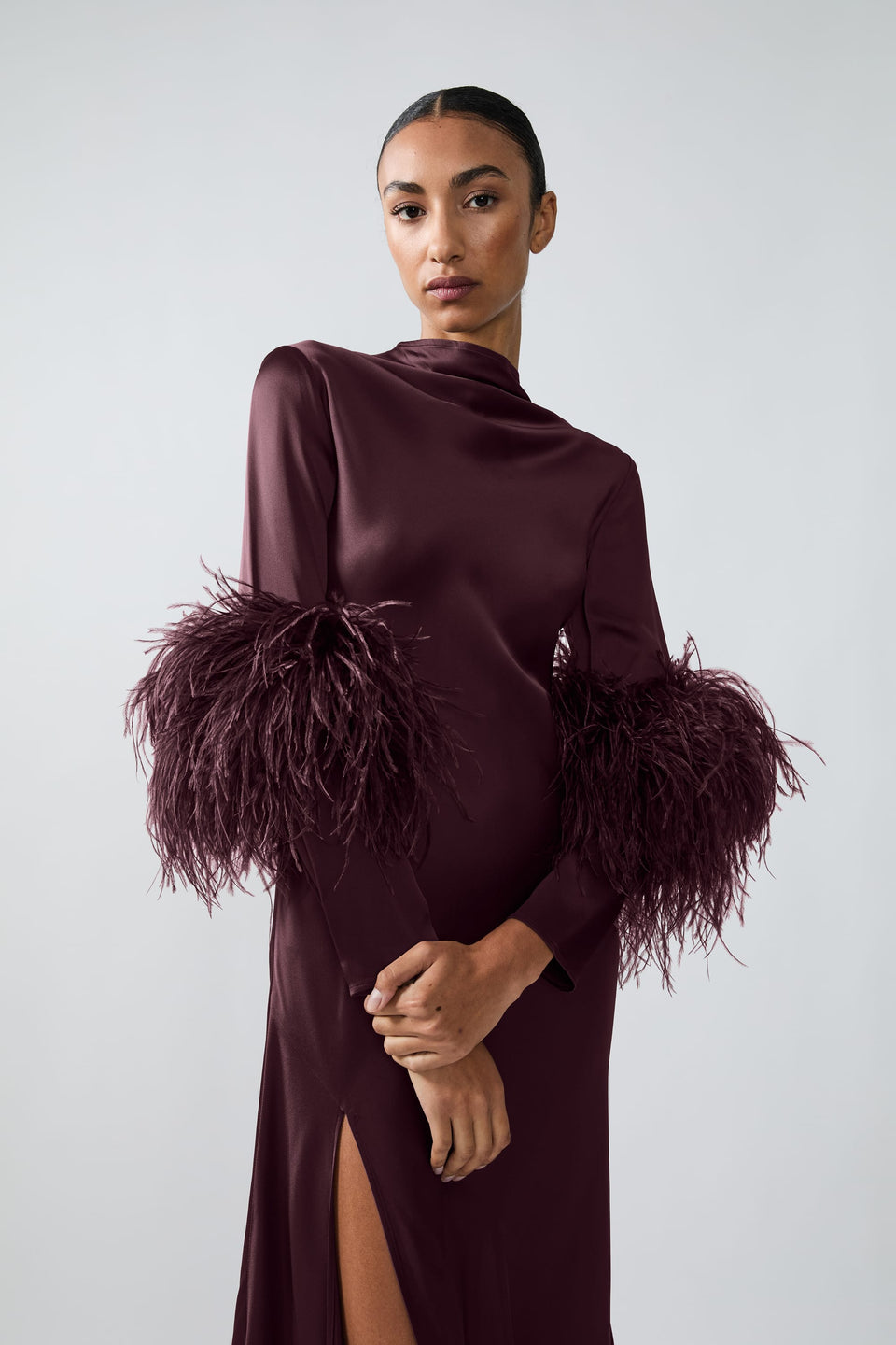 Satin Draped Neck Bias Dress With Feathers - LAPOINTE