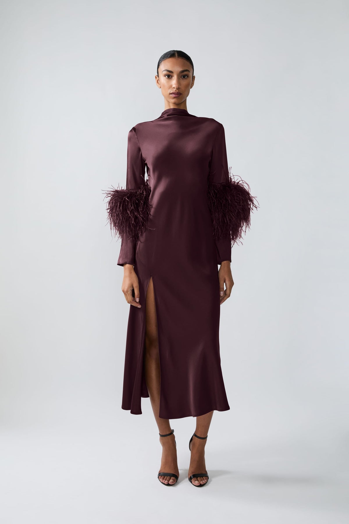Satin Draped Neck Bias Dress With Feathers - LAPOINTE